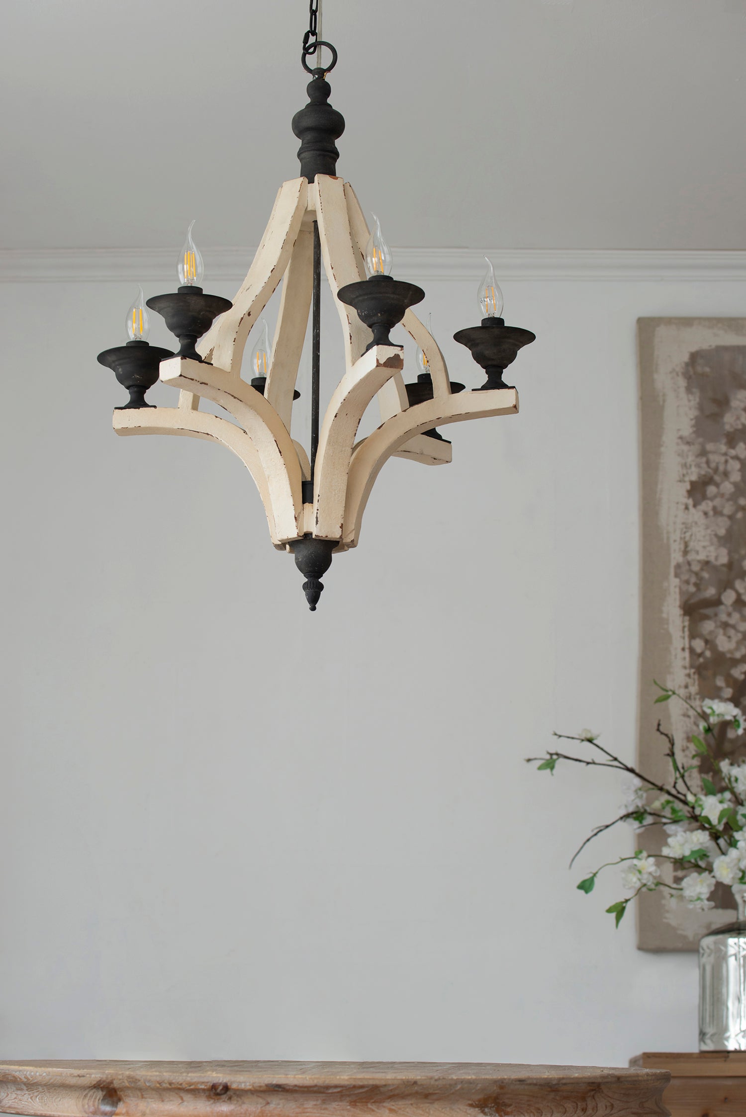 6 Light Wood Chandelier, Hanging Light Fixture With Adjustable Chain For Kitchen Dining Room Foyer Entryway, Bulb Not Included Cream Wood