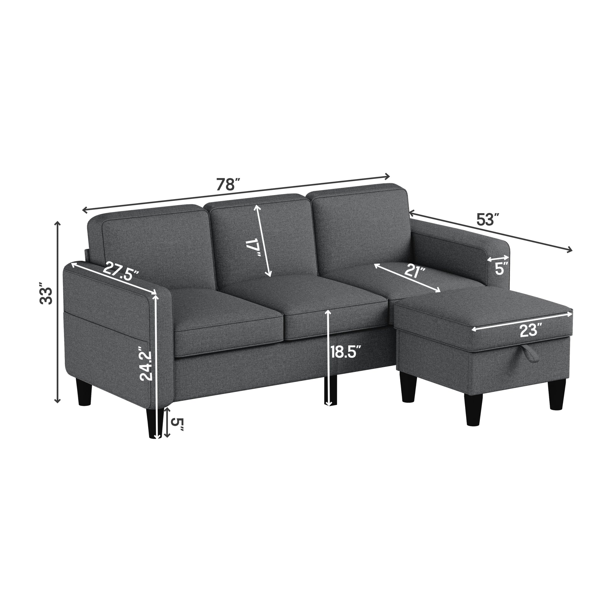 Sofas For Families, Apartments, Dorms, Bonus Rooms, Compact Spaces With Lounge Lounges, 3 Seater, L Shaped Design For The Chaise, 680 Lbs Capacity Dark Grey Dark Gray Metal & Wood