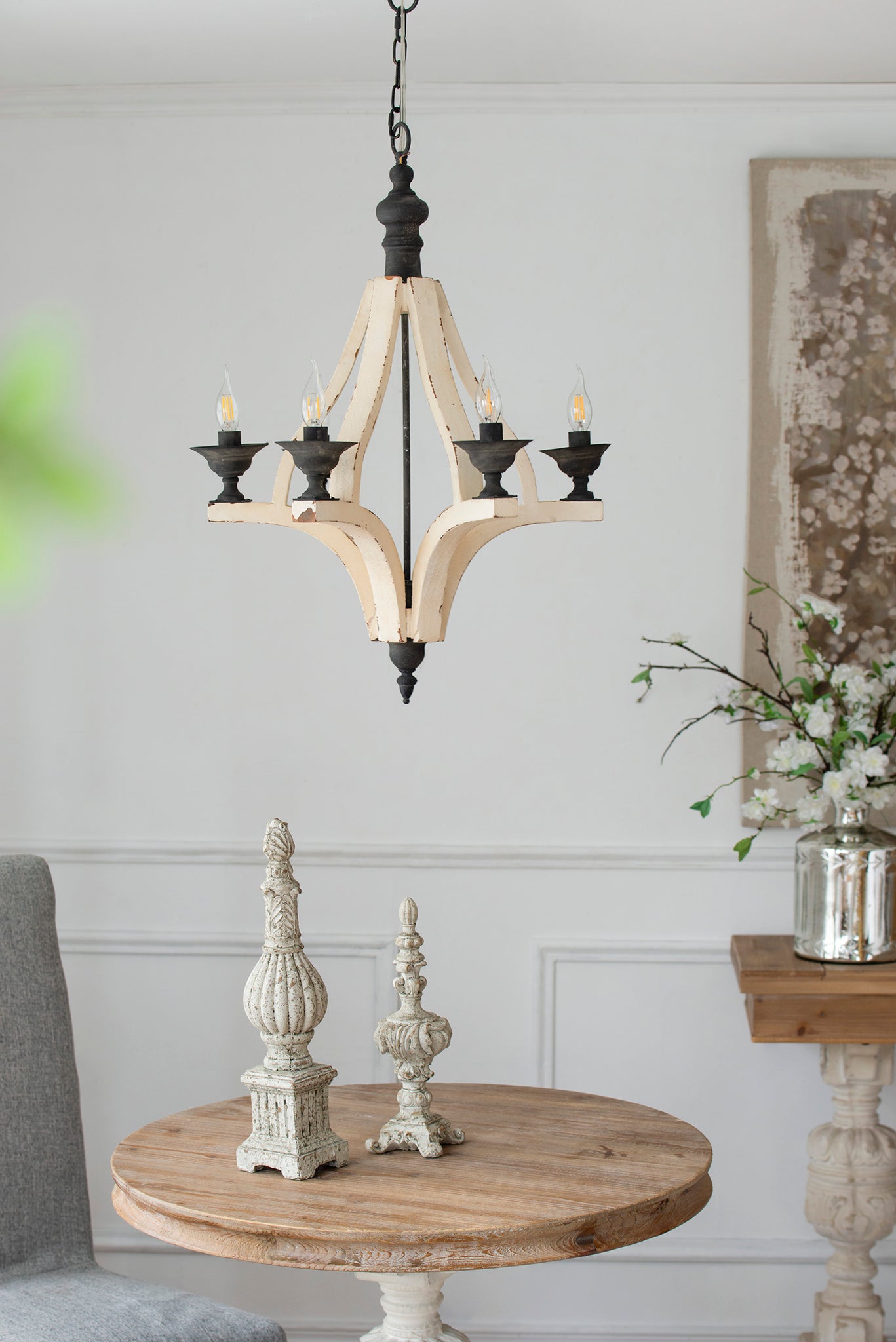 6 Light Wood Chandelier, Hanging Light Fixture With Adjustable Chain For Kitchen Dining Room Foyer Entryway, Bulb Not Included Cream Wood