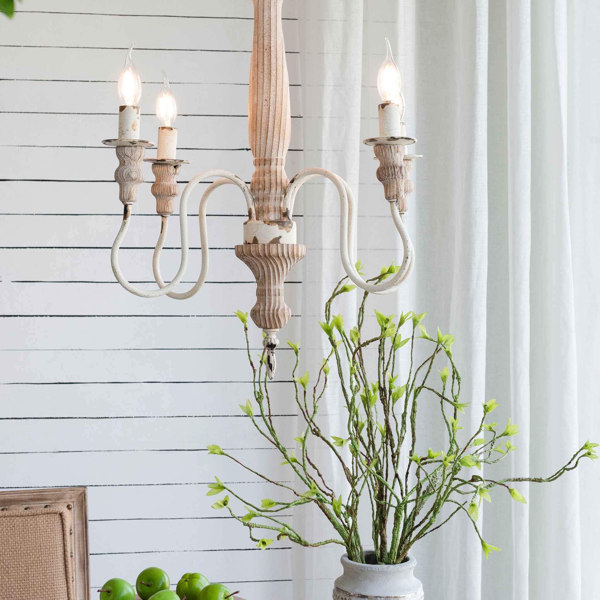 4 Light Wood Chandelier, Hanging Light Fixture With Adjustable Chain For Kitchen Dining Room Foyer Entryway, Bulb Not Included Cream White Wood