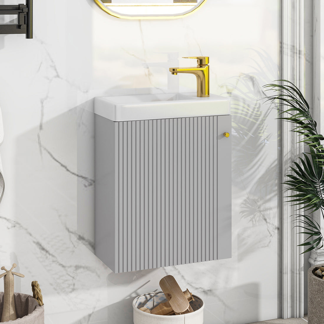 Viedo Contemporary 16" Wall Mounted Bathroom Vanity Combo Cabinet With Ceramic Basin Ideal For Small Bathrooms Grey Mdf