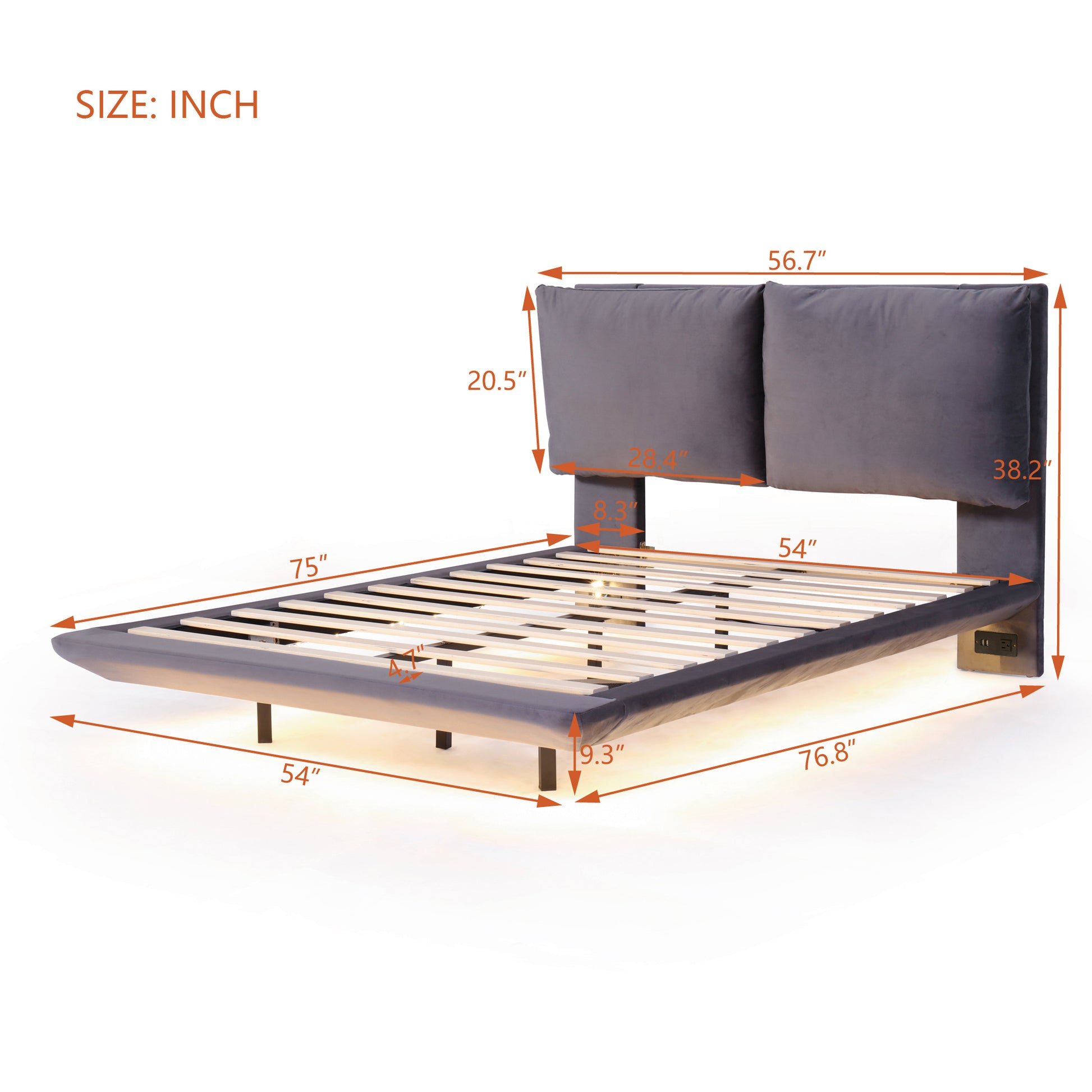 Full Size Upholstered Platform Bed With Sensor Light And 2 Large Backrests, Stylish Platform Bed With 2 Sets Of Usb Port And Socket On Each Rear Bed Leg, Gray Gray Velvet