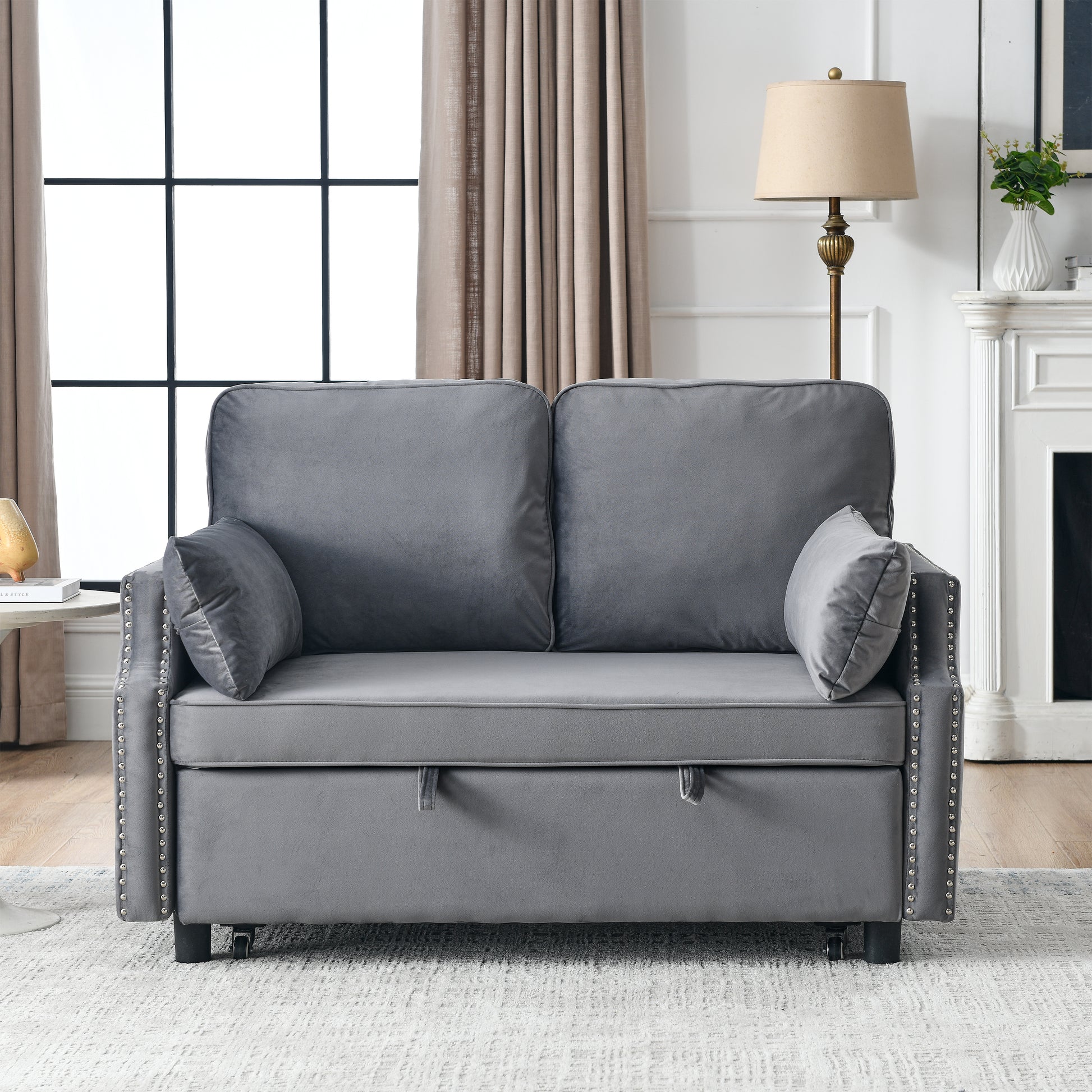 50" Velvet Upholstered Sleeper Sofa Bed With Side Storage Pockets, Design, 2 Seater Sofa With 2 Pillows And Removeable Backrest Pull Out Sofa Bed For Small Spaces In Living Rooms, Apartm Grey Velvet Primary Living Space Foam Velvet 2 Seat
