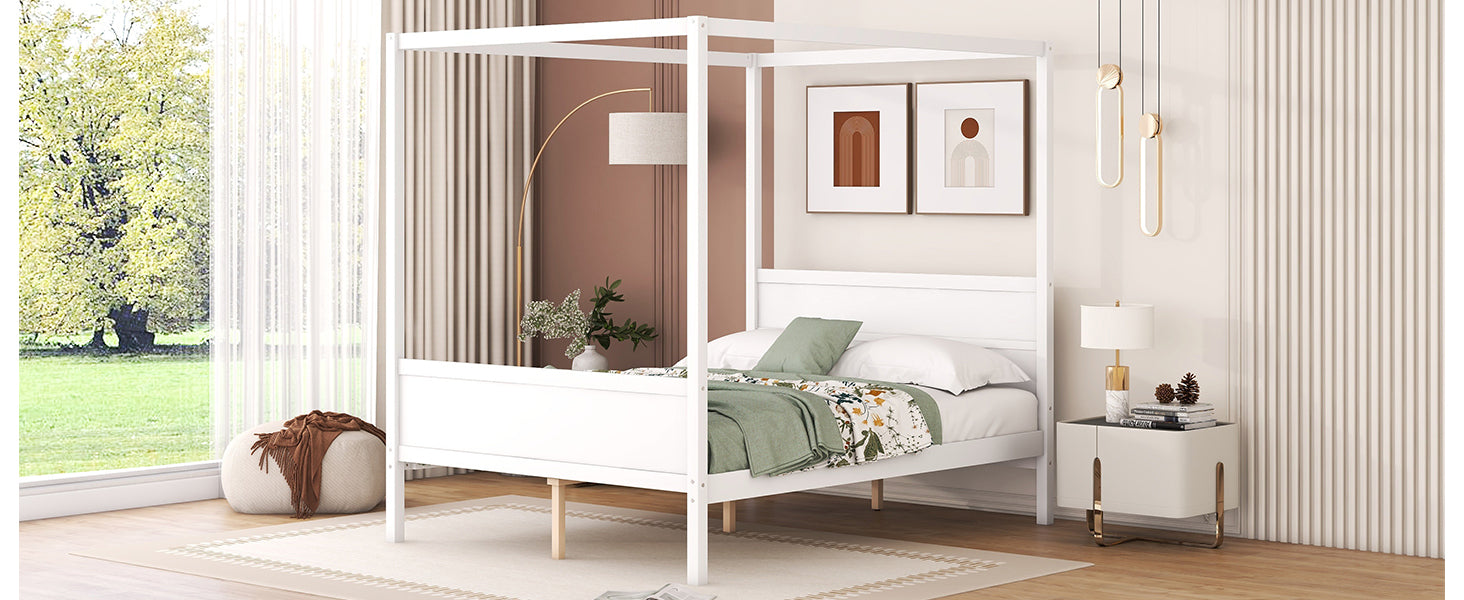 Queen Size Canopy Platform Bed With Headboard And Footboard,Slat Support Leg White Old Sku:Lt001912Aak White Solid Wood
