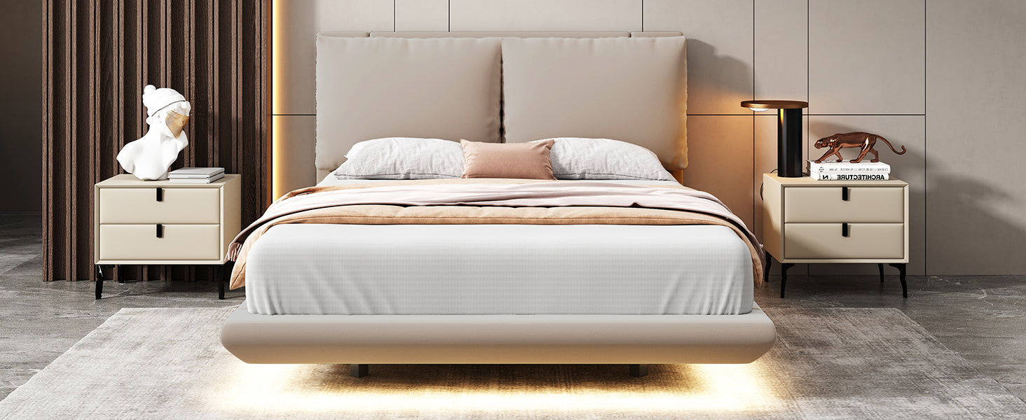 Full Size Upholstered Platform Bed With Sensor Light And 2 Large Backrests, Stylish Platform Bed With 2 Sets Of Usb Port And Socket On Each Rear Bed Leg, Beige Beige Velvet