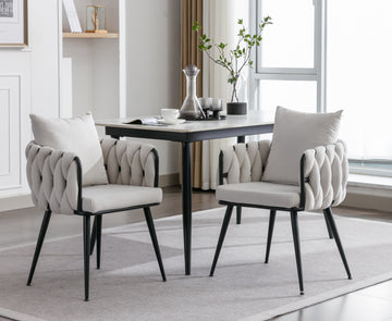 Pure Ivory Modern Velvet Dining Chairs Set Of 2 Hand Weaving Accent Chairs Living Room Chairs Upholstered Side Chair With Black Metal Legs For Dining Room Kitchen Vanity Living Room Ivory Velvet
