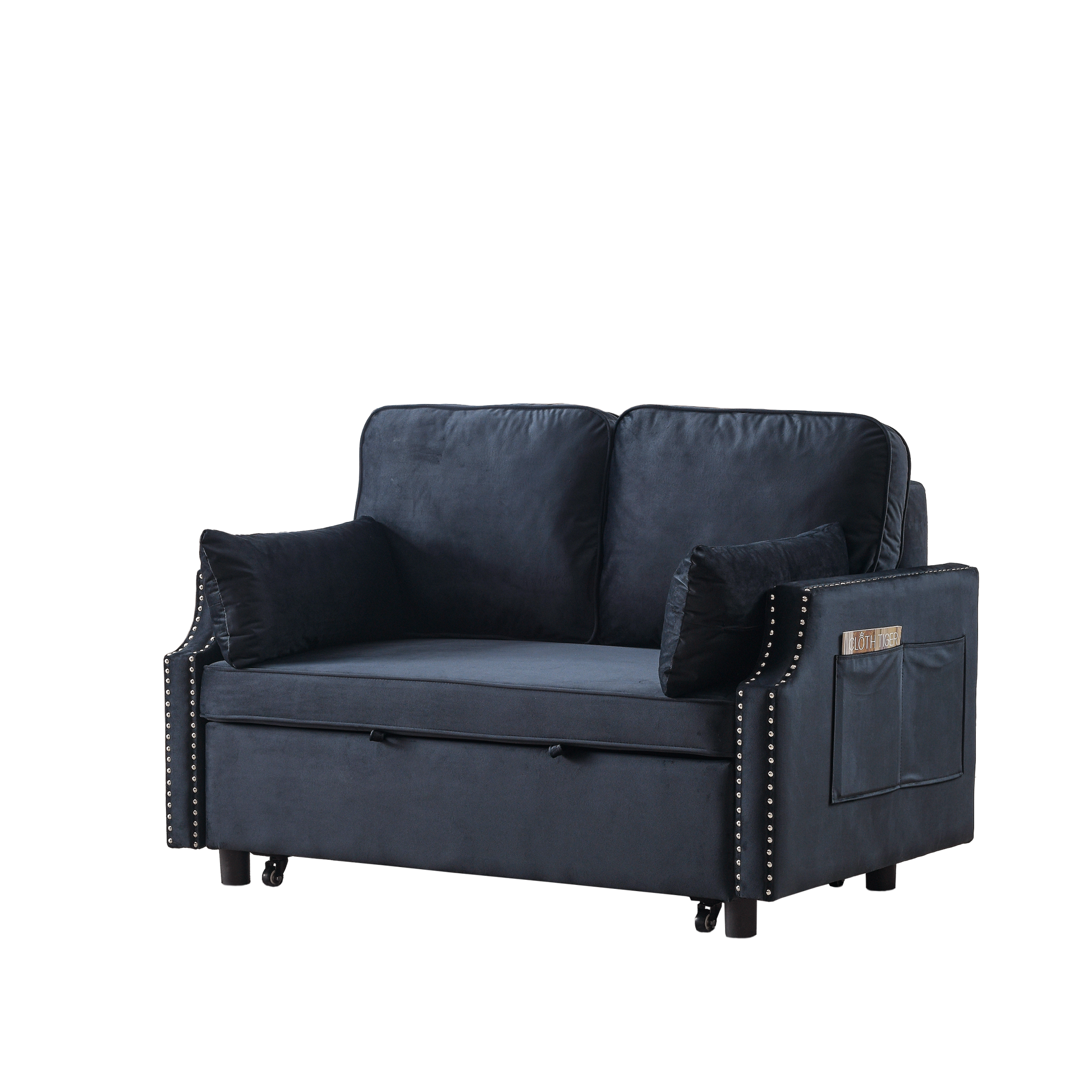 50" Velvet Upholstered Sleeper Sofa Bed With Side Storage Pockets, Design, 2 Seater Sofa With 2 Pillows And Removeable Backrest Pull Out Sofa Bed For Small Spaces In Living Rooms, Apartm Black Velvet Primary Living Space Foam Velvet 2 Seat