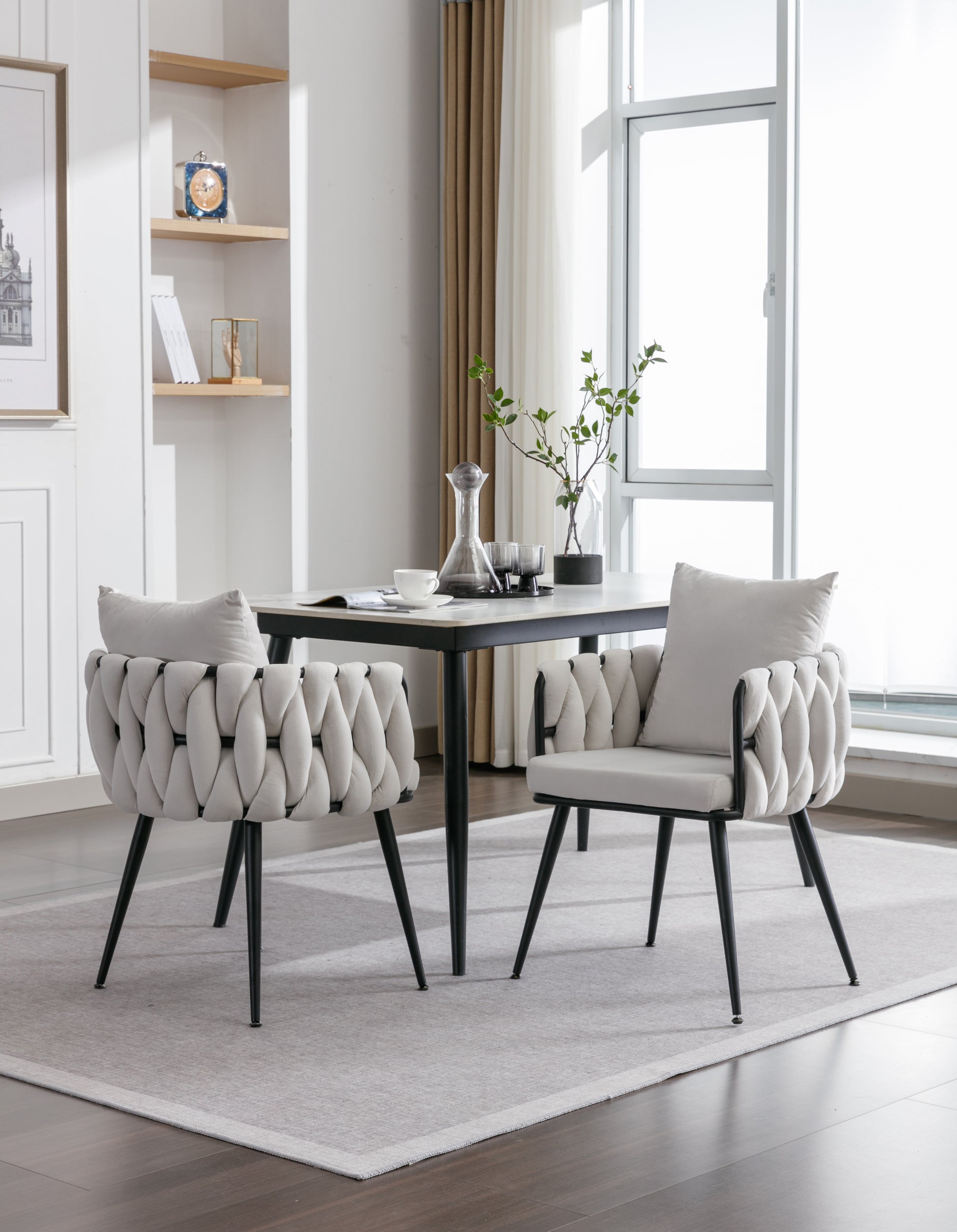 Pure Ivory Modern Velvet Dining Chairs Set Of 2 Hand Weaving Accent Chairs Living Room Chairs Upholstered Side Chair With Black Metal Legs For Dining Room Kitchen Vanity Living Room Ivory Velvet