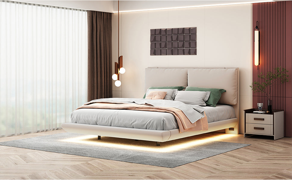 Queen Size Upholstered Platform Bed With Sensor Light And 2 Large Backrests, Stylish Platform Bed With 2 Sets Of Usb Port And Socket On Each Rear Bed Leg, Beige Beige Velvet