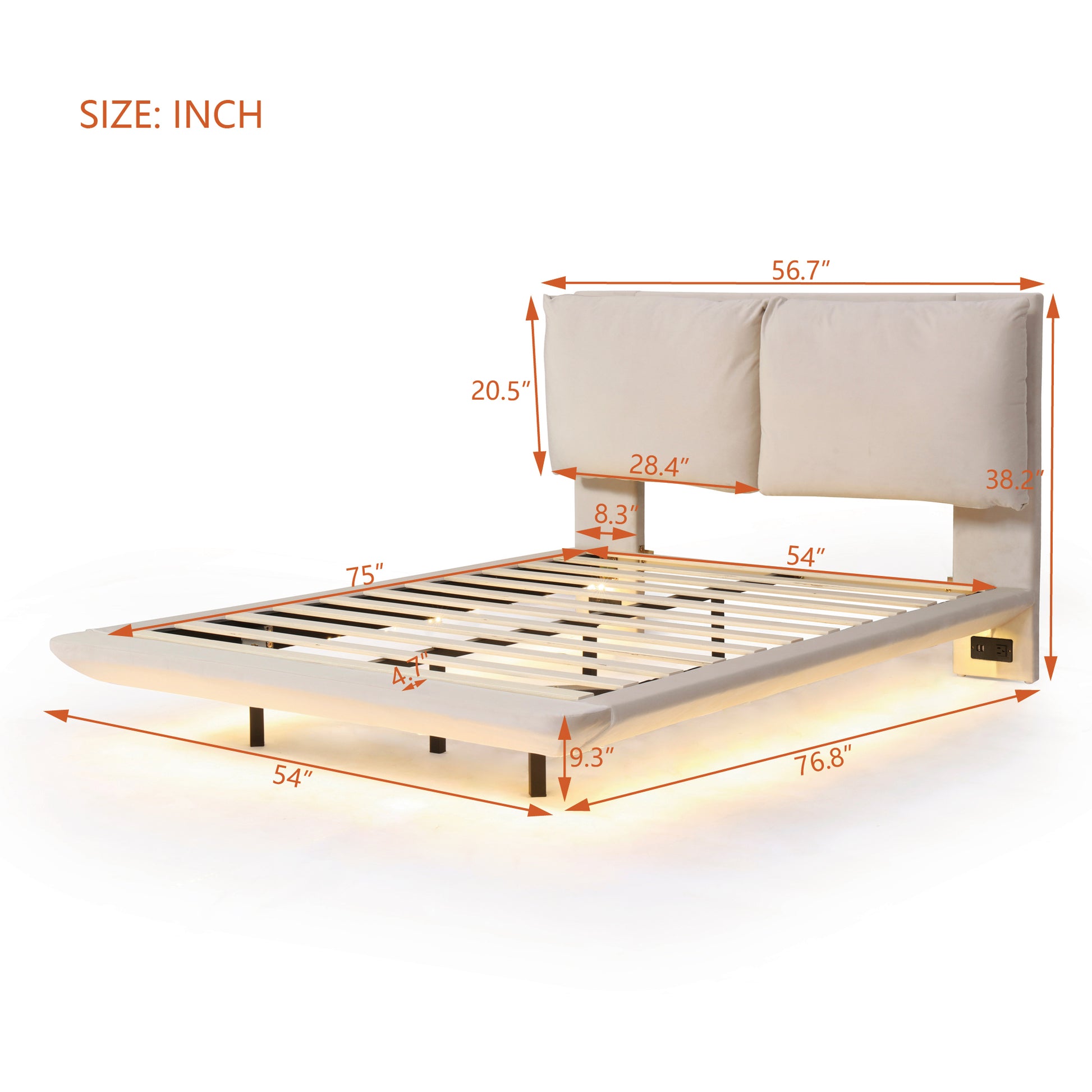 Full Size Upholstered Platform Bed With Sensor Light And 2 Large Backrests, Stylish Platform Bed With 2 Sets Of Usb Port And Socket On Each Rear Bed Leg, Beige Beige Velvet