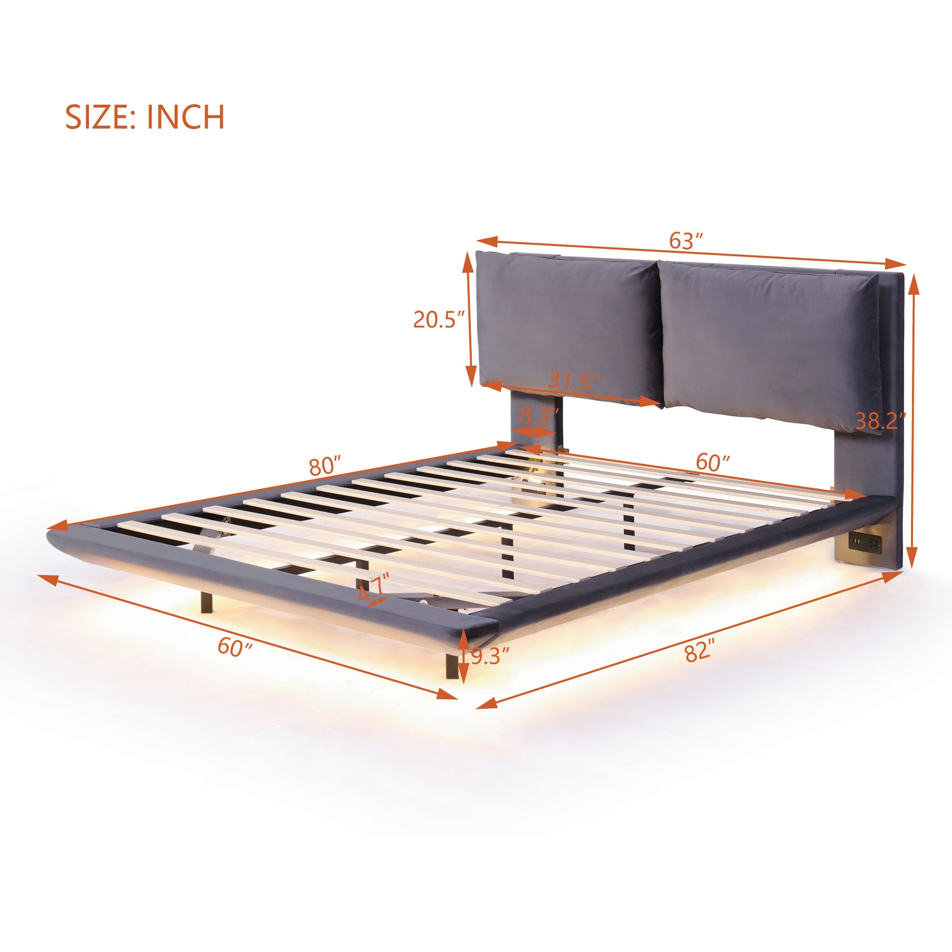 Queen Size Upholstered Platform Bed With Sensor Light And 2 Large Backrests, Stylish Platform Bed With 2 Sets Of Usb Port And Socket On Each Rear Bed Leg, Gray Gray Velvet