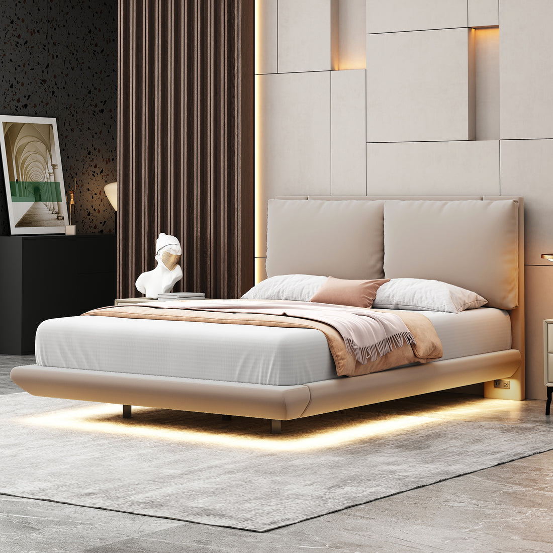 Full Size Upholstered Platform Bed With Sensor Light And 2 Large Backrests, Stylish Platform Bed With 2 Sets Of Usb Port And Socket On Each Rear Bed Leg, Beige Beige Velvet