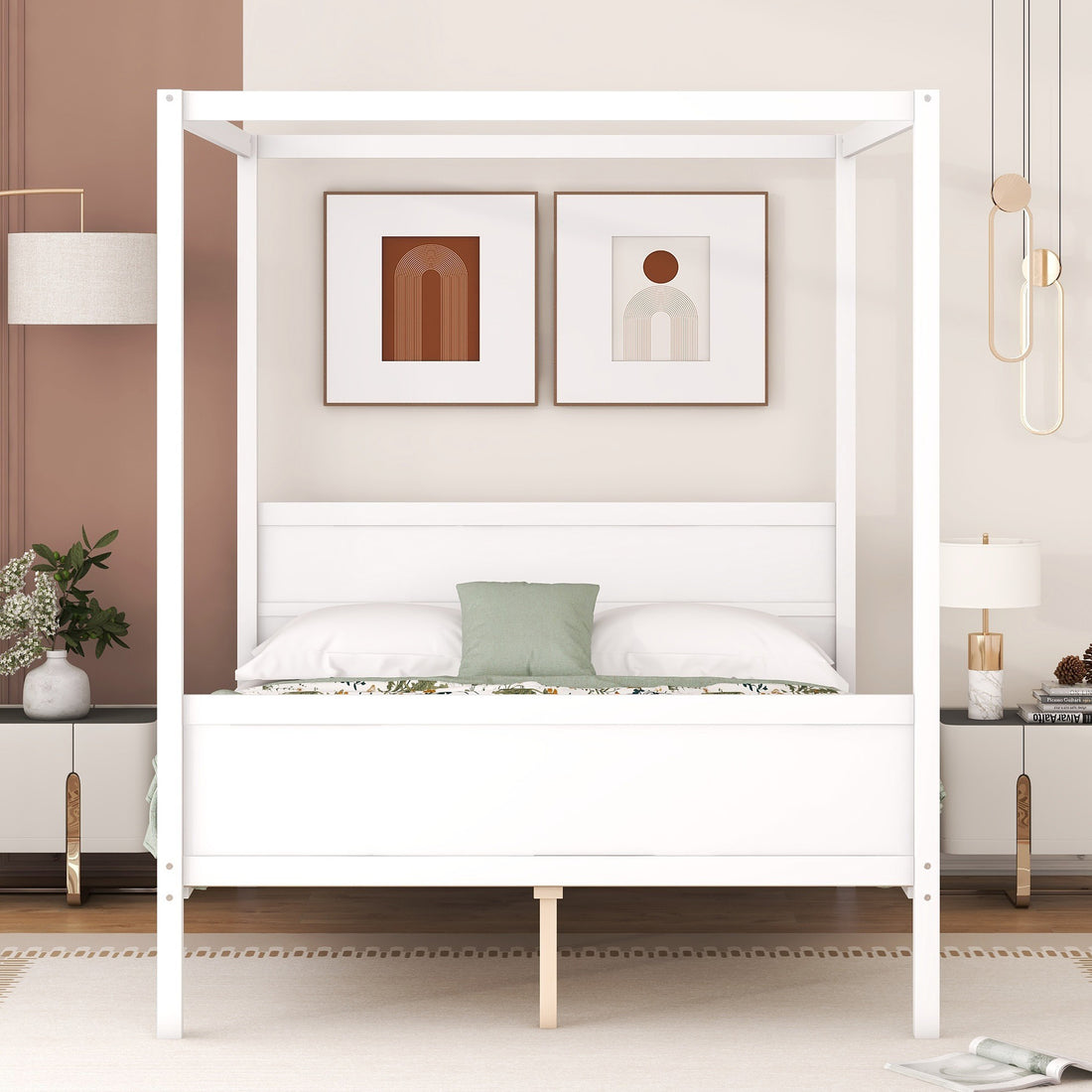 Queen Size Canopy Platform Bed With Headboard And Footboard,Slat Support Leg White Old Sku:Lt001912Aak White Solid Wood