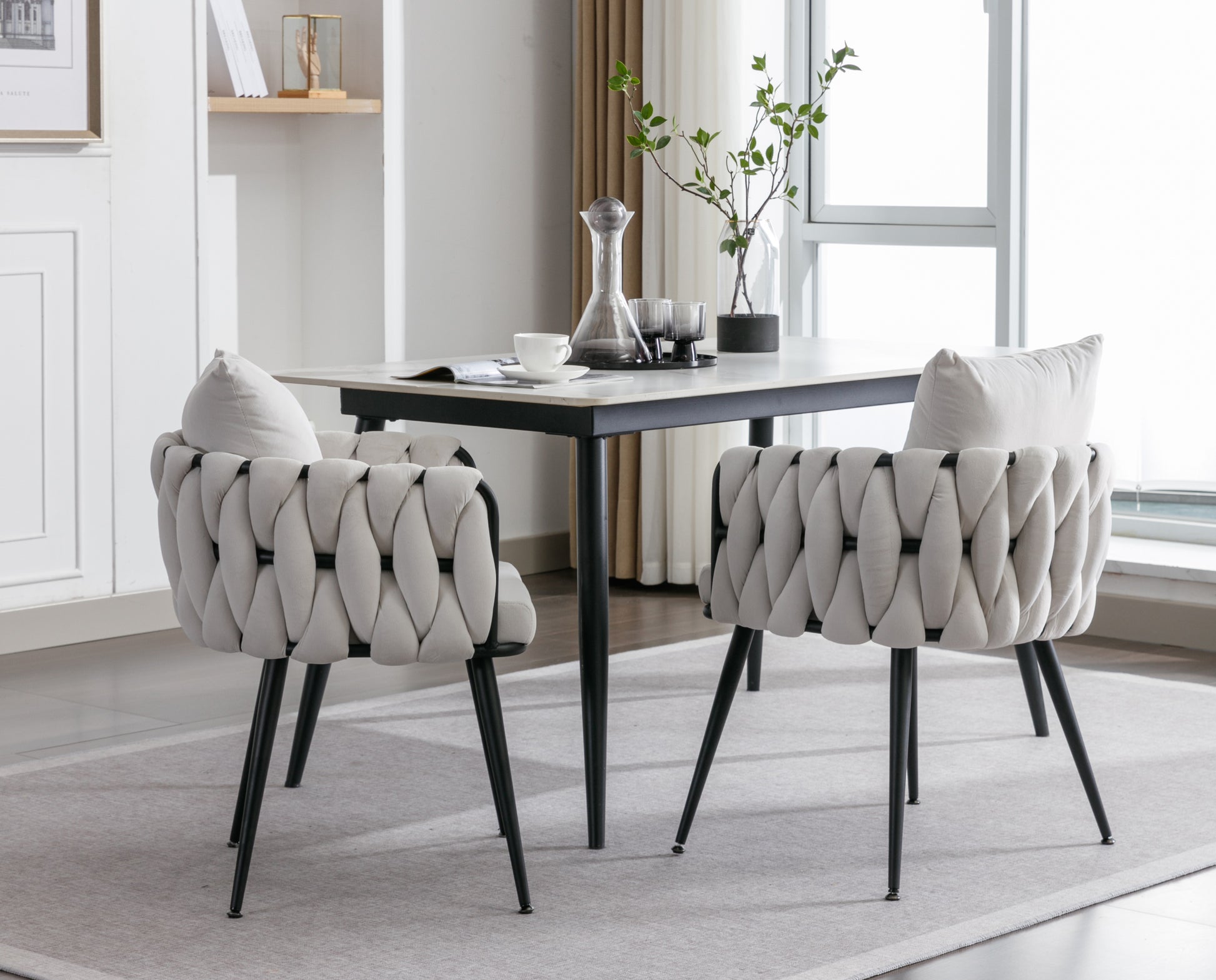 Pure Ivory Modern Velvet Dining Chairs Set Of 2 Hand Weaving Accent Chairs Living Room Chairs Upholstered Side Chair With Black Metal Legs For Dining Room Kitchen Vanity Living Room Ivory Velvet