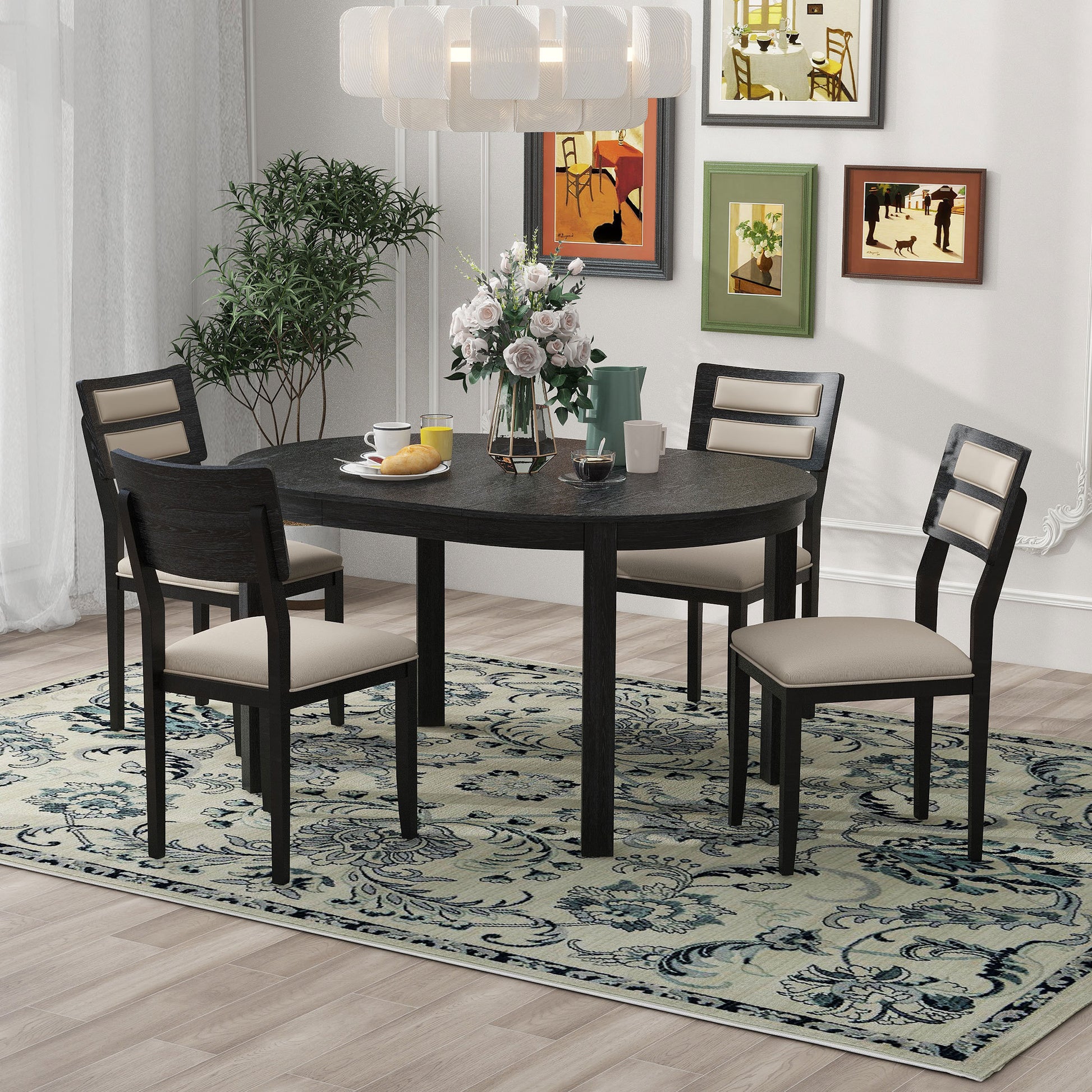 5 Piece Multifunctional Dining Table Set, Farmhouse Dining Set With Extendable Round Table,Two Small Drawers And 4 Upholstered Dining Chairs For Kitchen And Dining Room Black Black Solid Wood