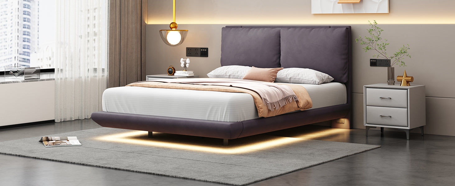 Full Size Upholstered Platform Bed With Sensor Light And 2 Large Backrests, Stylish Platform Bed With 2 Sets Of Usb Port And Socket On Each Rear Bed Leg, Gray Gray Velvet