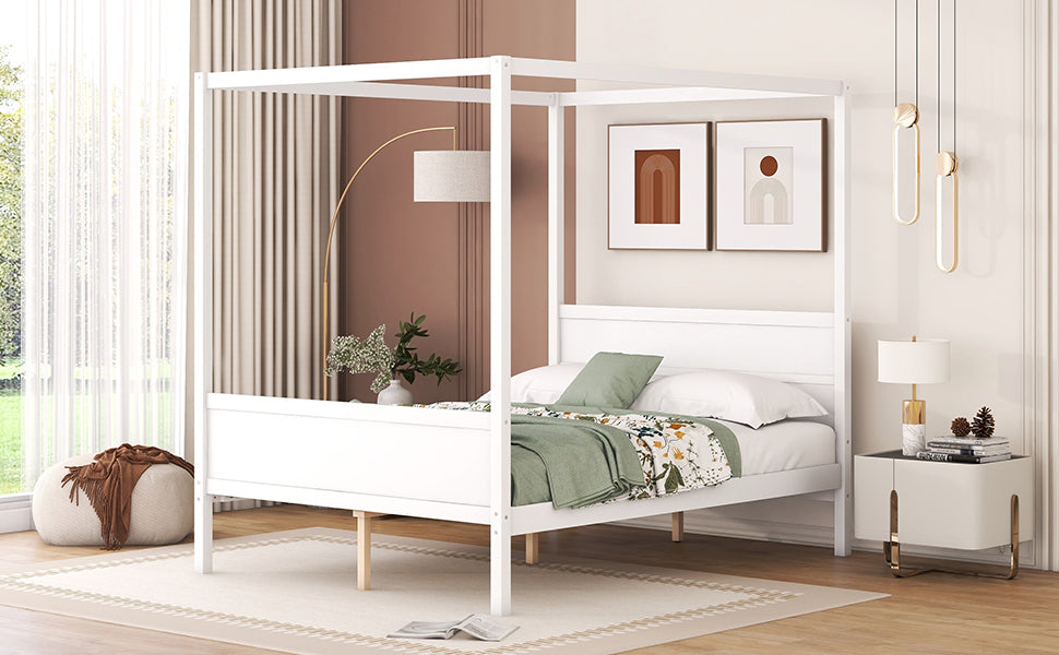 Queen Size Canopy Platform Bed With Headboard And Footboard,Slat Support Leg White Old Sku:Lt001912Aak White Solid Wood