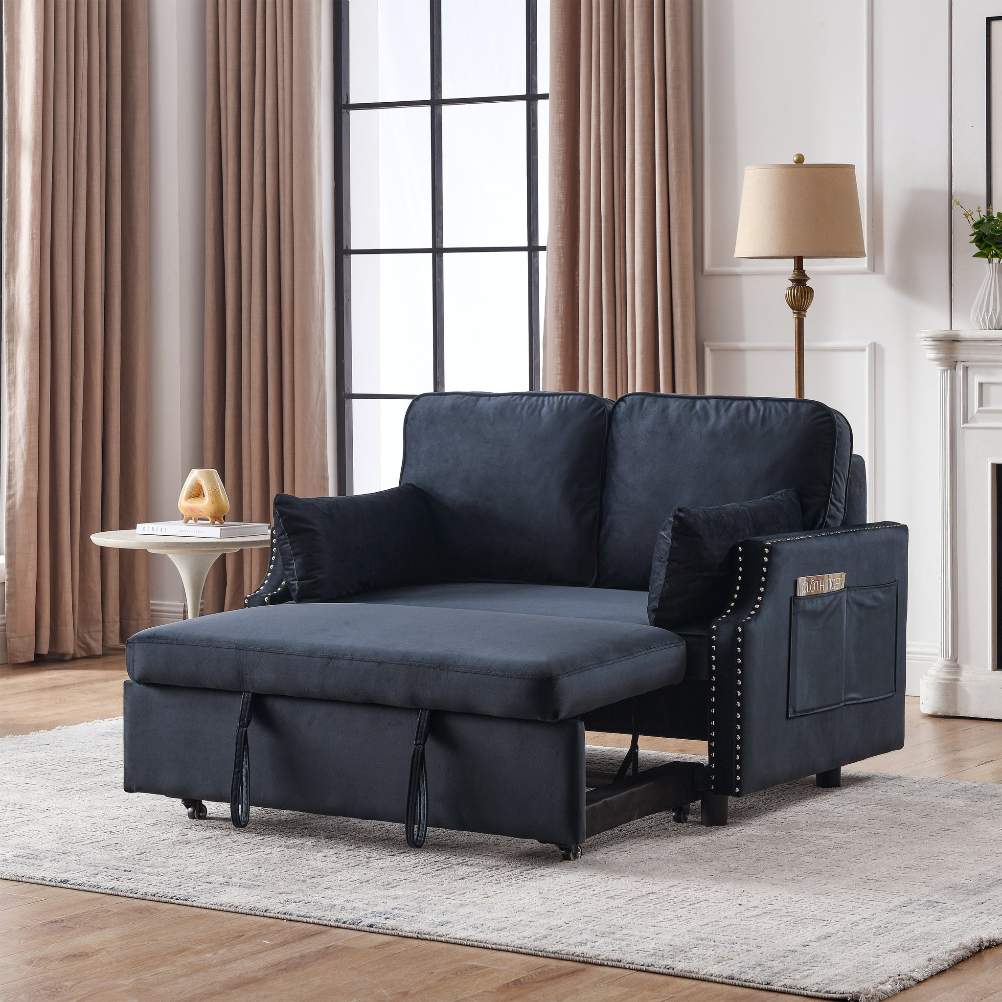50" Velvet Upholstered Sleeper Sofa Bed With Side Storage Pockets, Design, 2 Seater Sofa With 2 Pillows And Removeable Backrest Pull Out Sofa Bed For Small Spaces In Living Rooms, Apartm Black Velvet Primary Living Space Foam Velvet 2 Seat