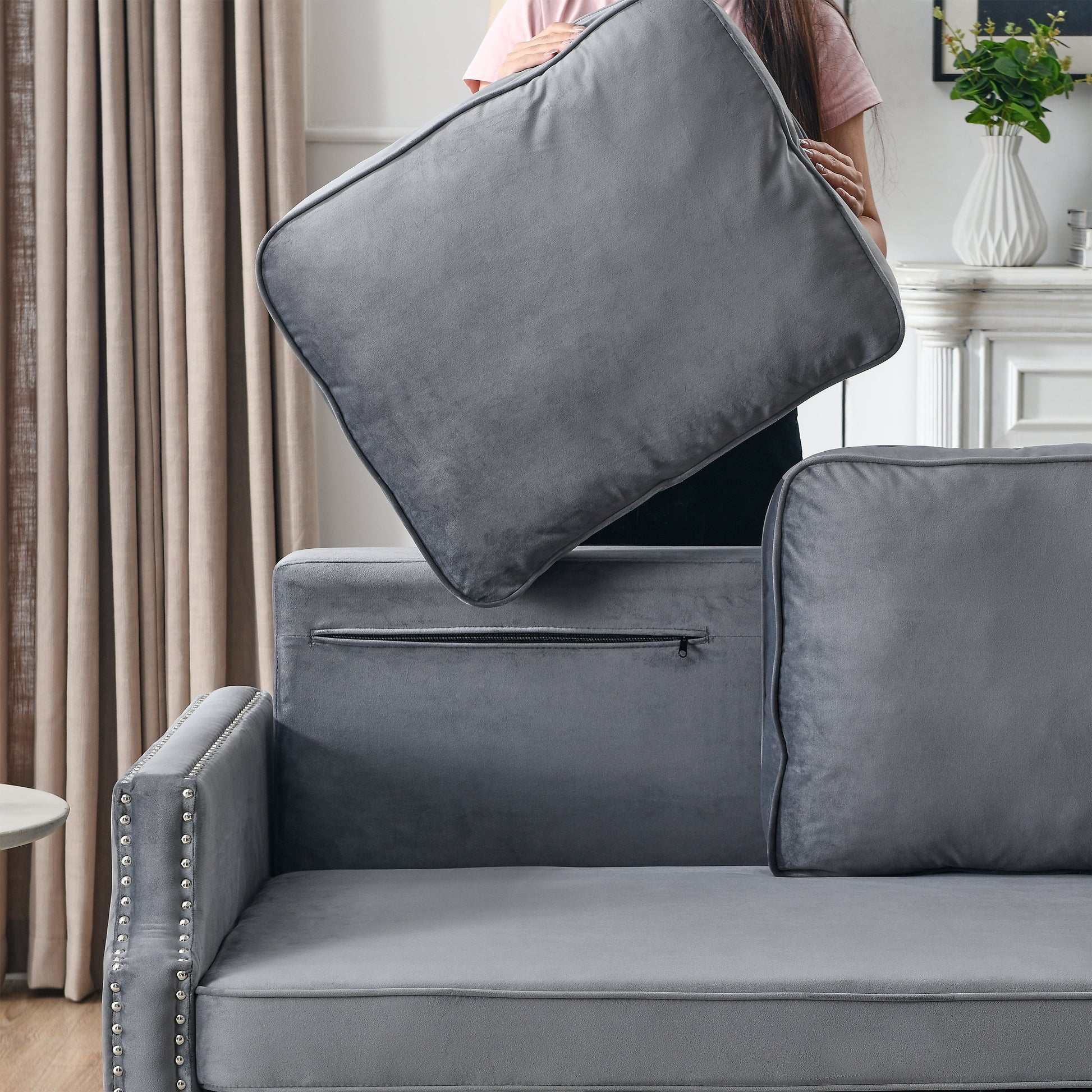 50" Velvet Upholstered Sleeper Sofa Bed With Side Storage Pockets, Design, 2 Seater Sofa With 2 Pillows And Removeable Backrest Pull Out Sofa Bed For Small Spaces In Living Rooms, Apartm Grey Velvet Primary Living Space Foam Velvet 2 Seat