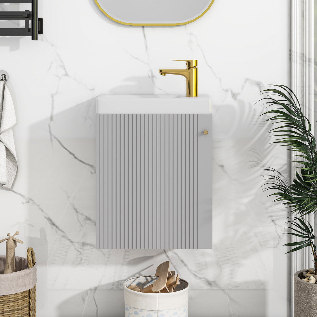 Viedo Contemporary 16" Wall Mounted Bathroom Vanity Combo Cabinet With Ceramic Basin Ideal For Small Bathrooms Grey Mdf