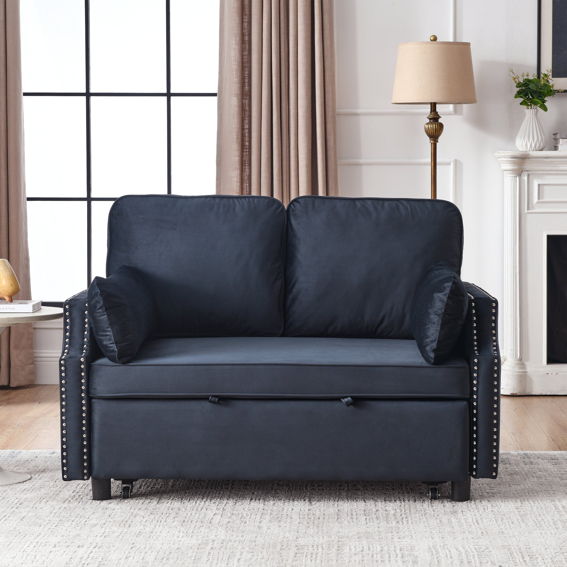 50" Velvet Upholstered Sleeper Sofa Bed With Side Storage Pockets, Design, 2 Seater Sofa With 2 Pillows And Removeable Backrest Pull Out Sofa Bed For Small Spaces In Living Rooms, Apartm Black Velvet Primary Living Space Foam Velvet 2 Seat