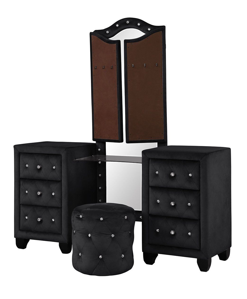 Crystal Tufted Queen 5 Pc Vanity Bedroom Set Made With Wood In Black Box Spring Not Required Queen Black Wood 5 Piece Set Bedroom Modern Upholstered Velvet Tufted Wood