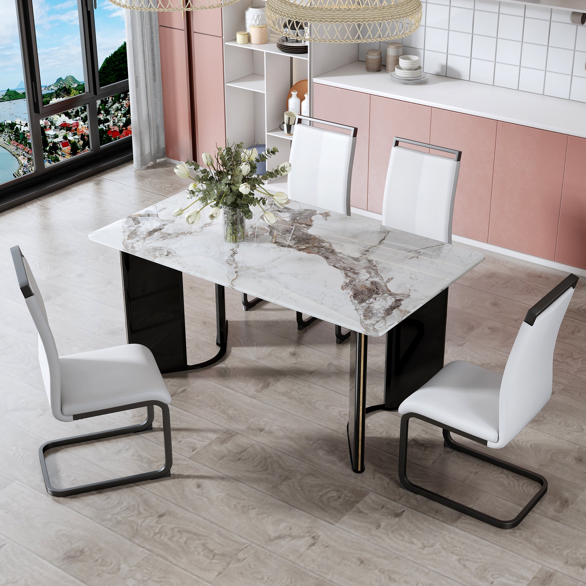 Modern Minimalist Rectangular Dining Table, White Imitation Marble Tabletop, Mdf Table Legs With Gold Metal Decorative Strips. Suitable For Restaurant And Living Roomf Hh White Mdf Glass
