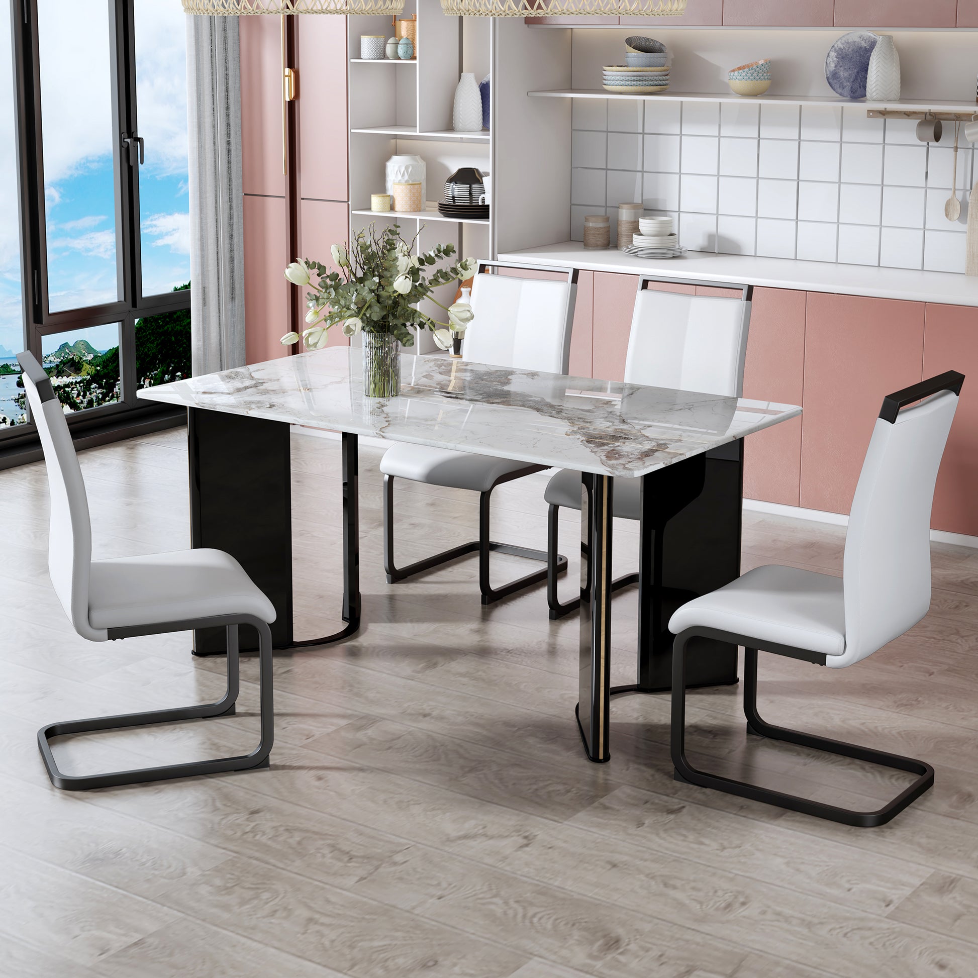 Modern Minimalist Rectangular Dining Table, White Imitation Marble Tabletop, Mdf Table Legs With Gold Metal Decorative Strips. Suitable For Restaurant And Living Roomf Hh White Mdf Glass