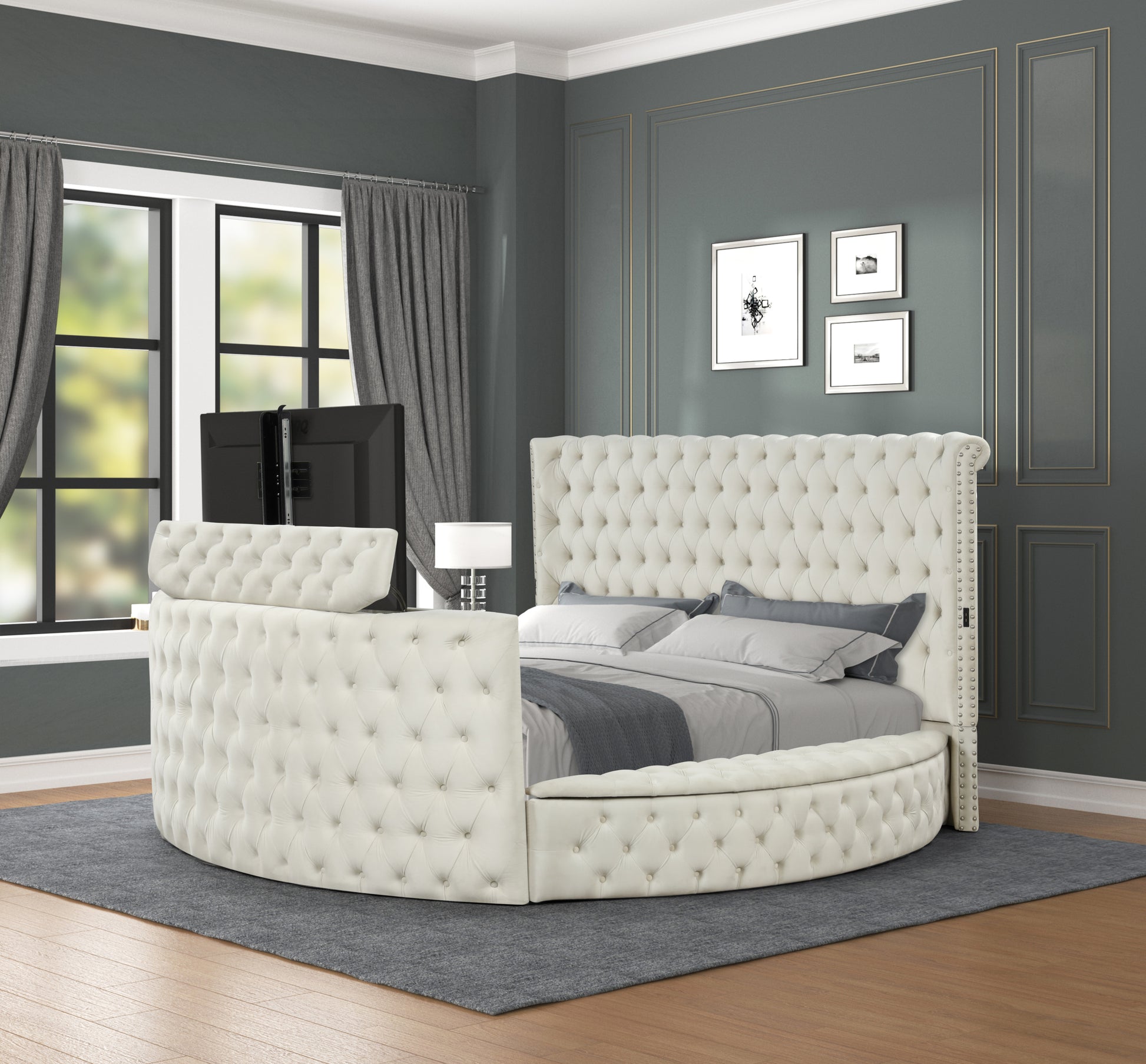 Maya Crystal Tufted King 4 Pc Vanity Bedroom Set Made With Wood In Cream Box Spring Not Required King Cream Wood 4 Piece Set Bedroom Contemporary,Modern Upholstered Velvet Tufted Wood