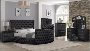Crystal Tufted Queen 5 Pc Vanity Bedroom Set Made With Wood In Black Box Spring Not Required Queen Black Wood 5 Piece Set Bedroom Modern Upholstered Velvet Tufted Wood