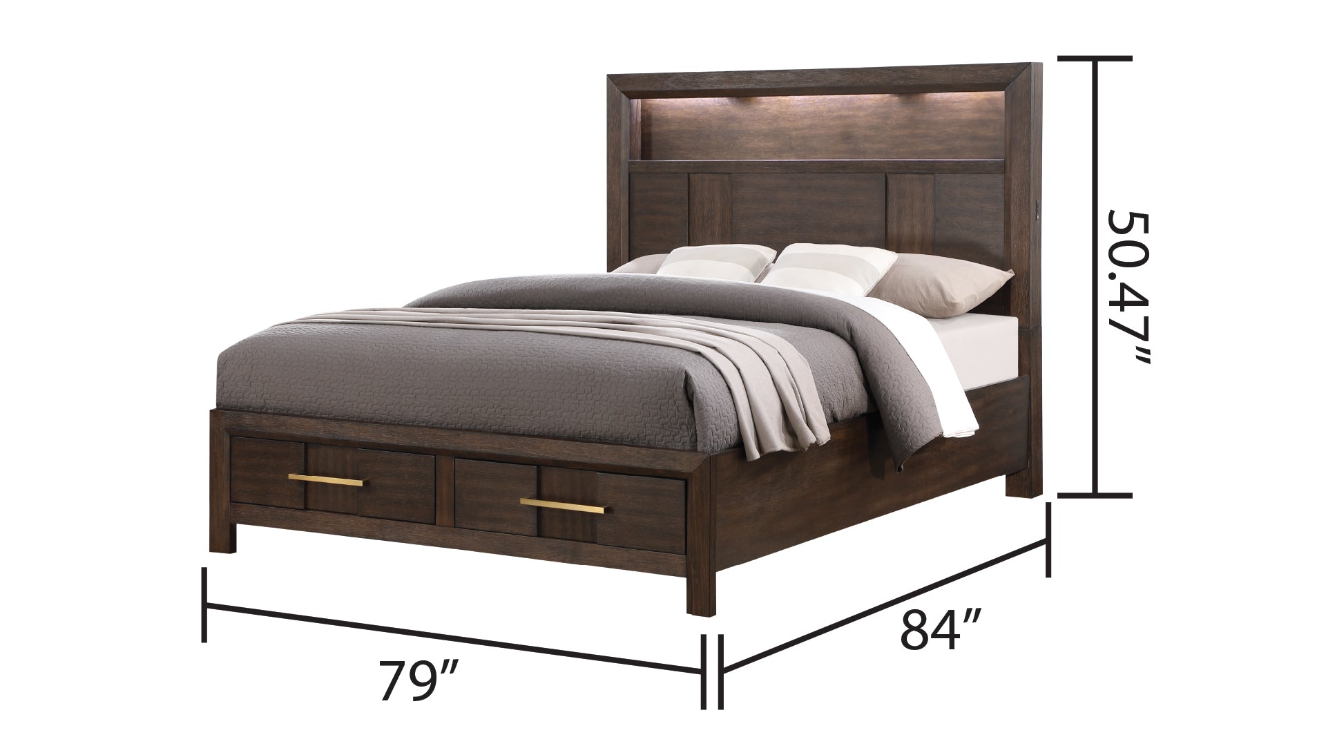 Kenzo Modern Style King 4Pc Storage Bedroom Set Made With Wood, Led Headboard, Bluetooth Speakers & Usb Ports Walnut Box Spring Not Required King Walnut Wood 4 Piece Set Bedroom Bed Included,Dresser Included,Mirror Included,Nightstand Included