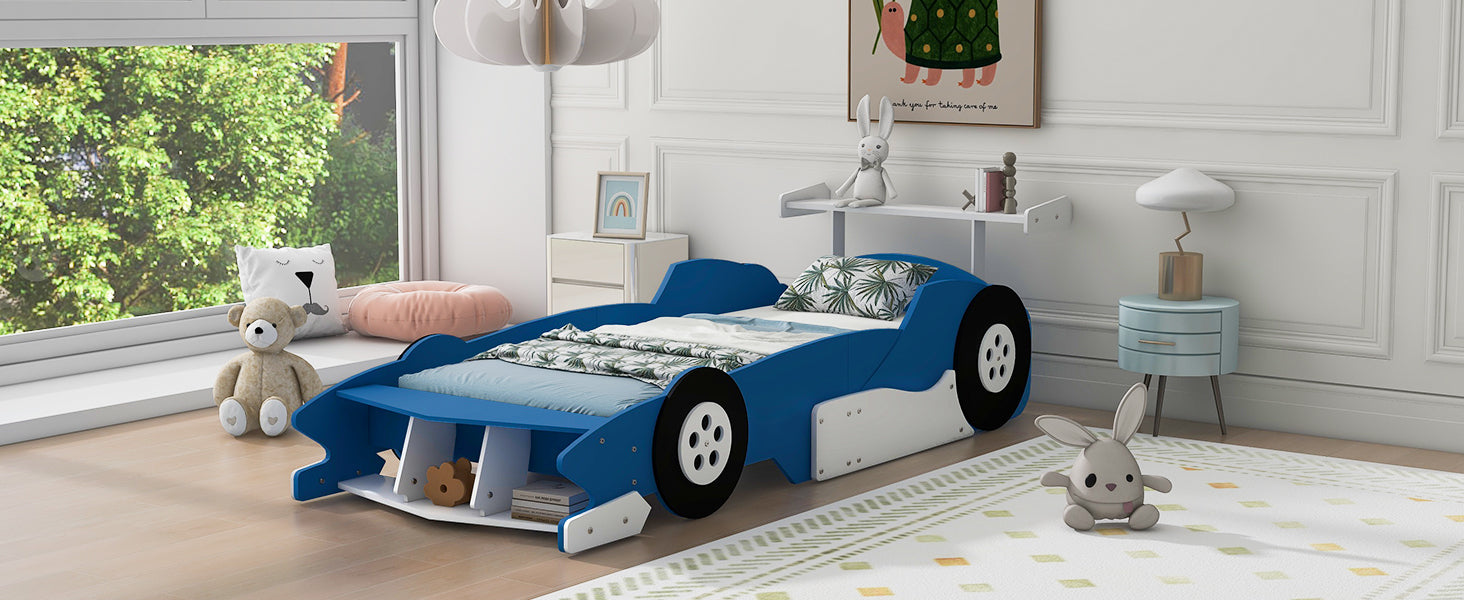Twin Size Race Car Shaped Platform Bed With Wheels,Blue Blue Plywood