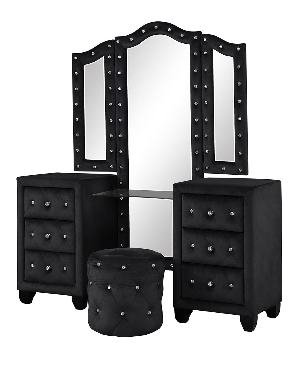 Crystal Tufted Queen 5 Pc Vanity Bedroom Set Made With Wood In Black Box Spring Not Required Queen Black Wood 5 Piece Set Bedroom Modern Upholstered Velvet Tufted Wood