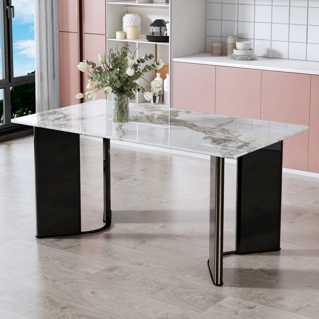 Modern Minimalist Rectangular Dining Table, White Imitation Marble Tabletop, Mdf Table Legs With Gold Metal Decorative Strips. Suitable For Restaurant And Living Roomf Hh White Mdf Glass