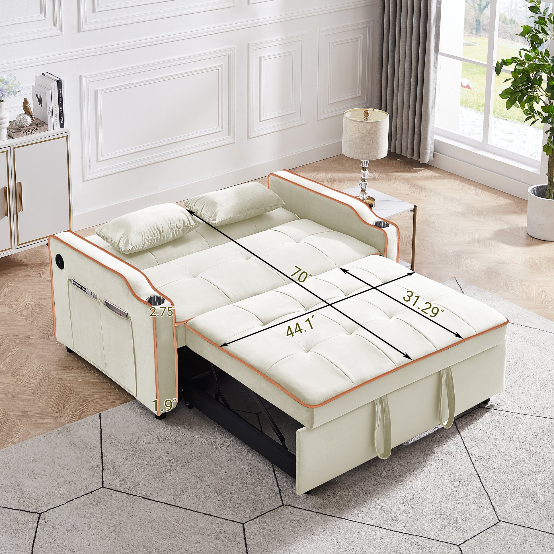 Sofa Bed, 3 In 1 Convertible Sofa Chair Bed, Adjustable Backrest Chair, Chaise Lounge With Usb Ports, Cup Holder, Side Pocket,Beige Beige Velvet