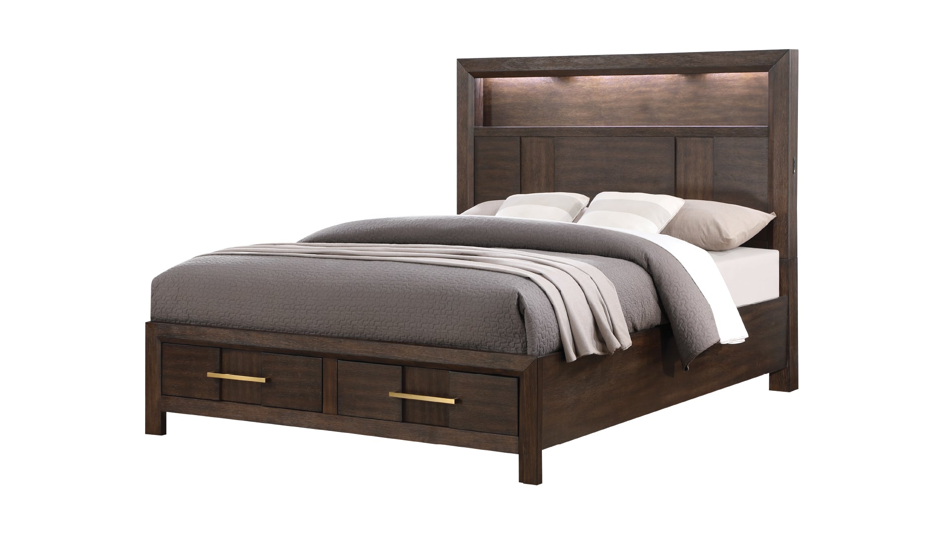 Kenzo Modern Style King 4Pc Storage Bedroom Set Made With Wood, Led Headboard, Bluetooth Speakers & Usb Ports Walnut Box Spring Not Required King Walnut Wood 4 Piece Set Bedroom Bed Included,Dresser Included,Mirror Included,Nightstand Included