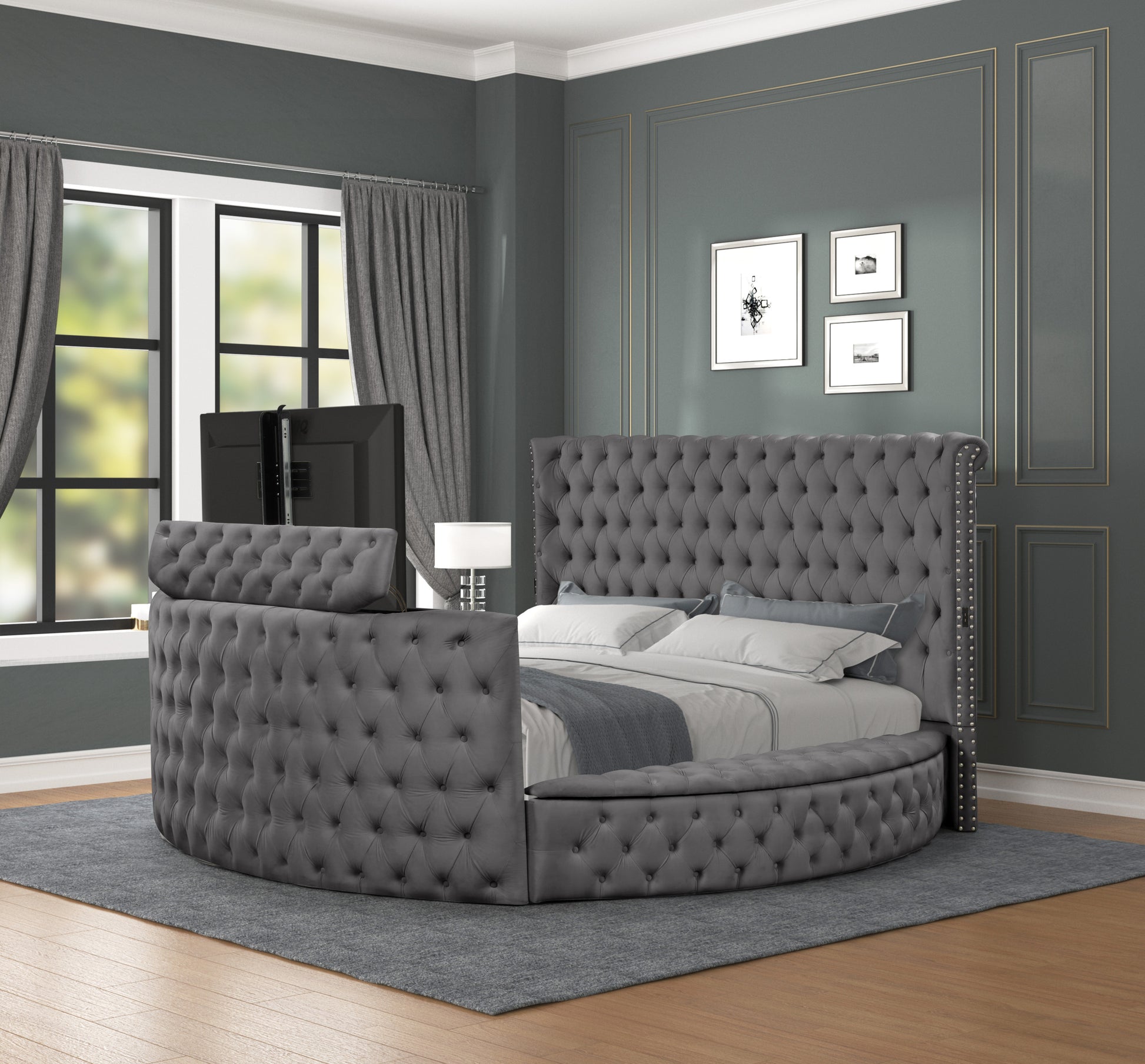 Maya Modern Style Crystal Tufted Queen Bed Made With Wood In Gray Box Spring Not Required Queen Gray Wood Bedroom Contemporary,Modern Slat Beds Upholstered Velvet Wood