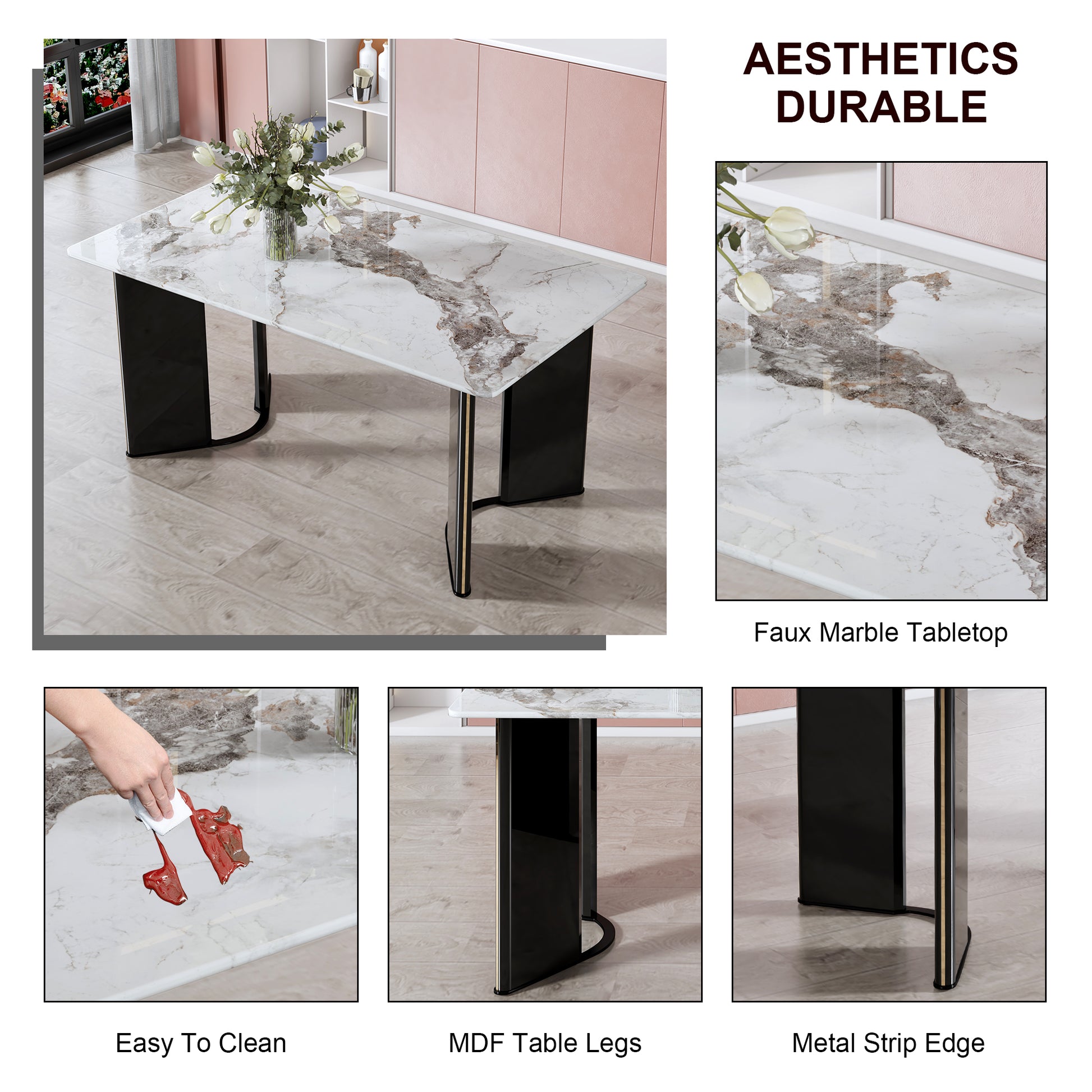 Modern Minimalist Rectangular Dining Table, White Imitation Marble Tabletop, Mdf Table Legs With Gold Metal Decorative Strips. Suitable For Restaurant And Living Roomf Hh White Mdf Glass