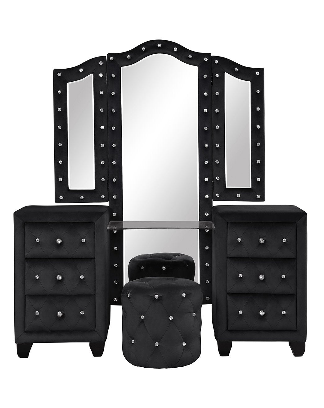 Luxurious Four Poster Queen 4 Pc Vanity Bedroom Set Made With Wood In Black Box Spring Not Required Queen Black Wood 4 Piece Set Bedroom Modern Upholstered Velvet Tufted Wood