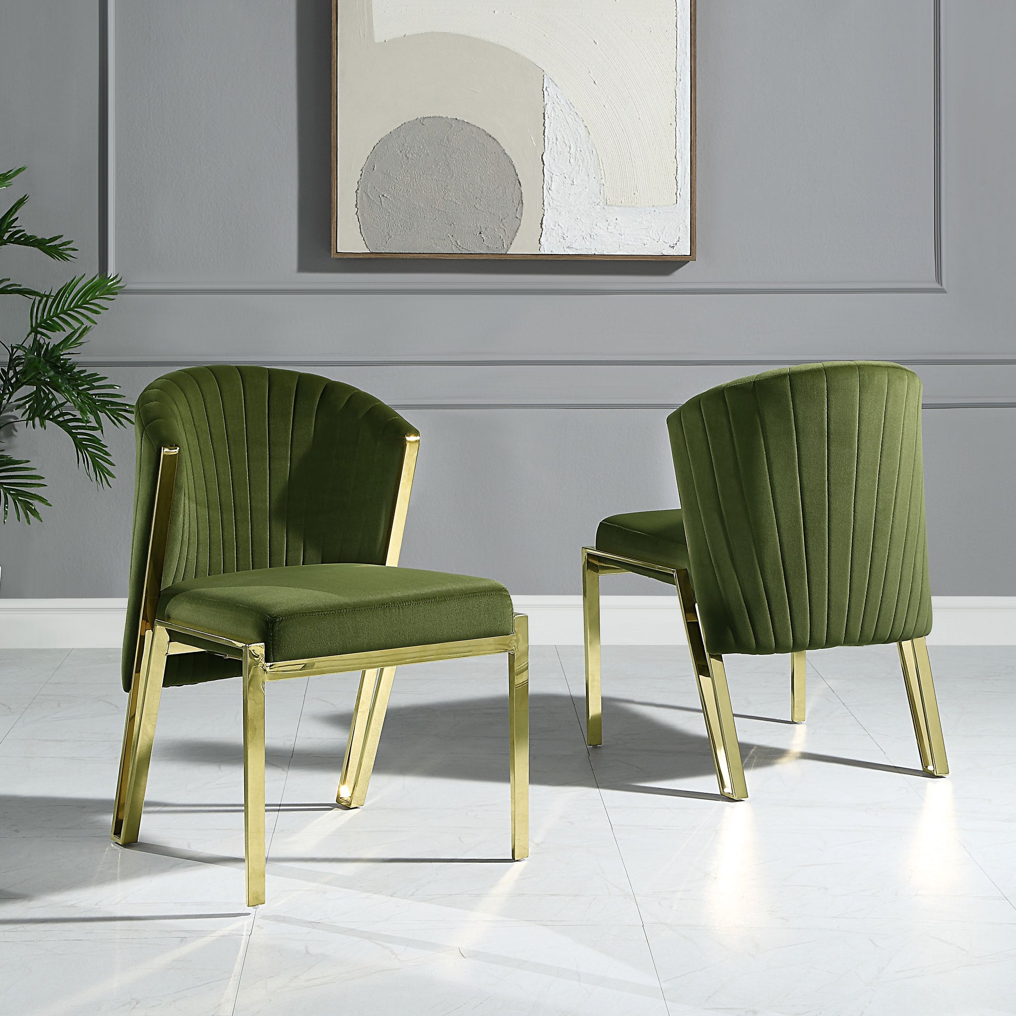 Fallon Side Chair Set 2 , Green Velvet & Mirrored Gold Finish Dn01956 Green Velvet