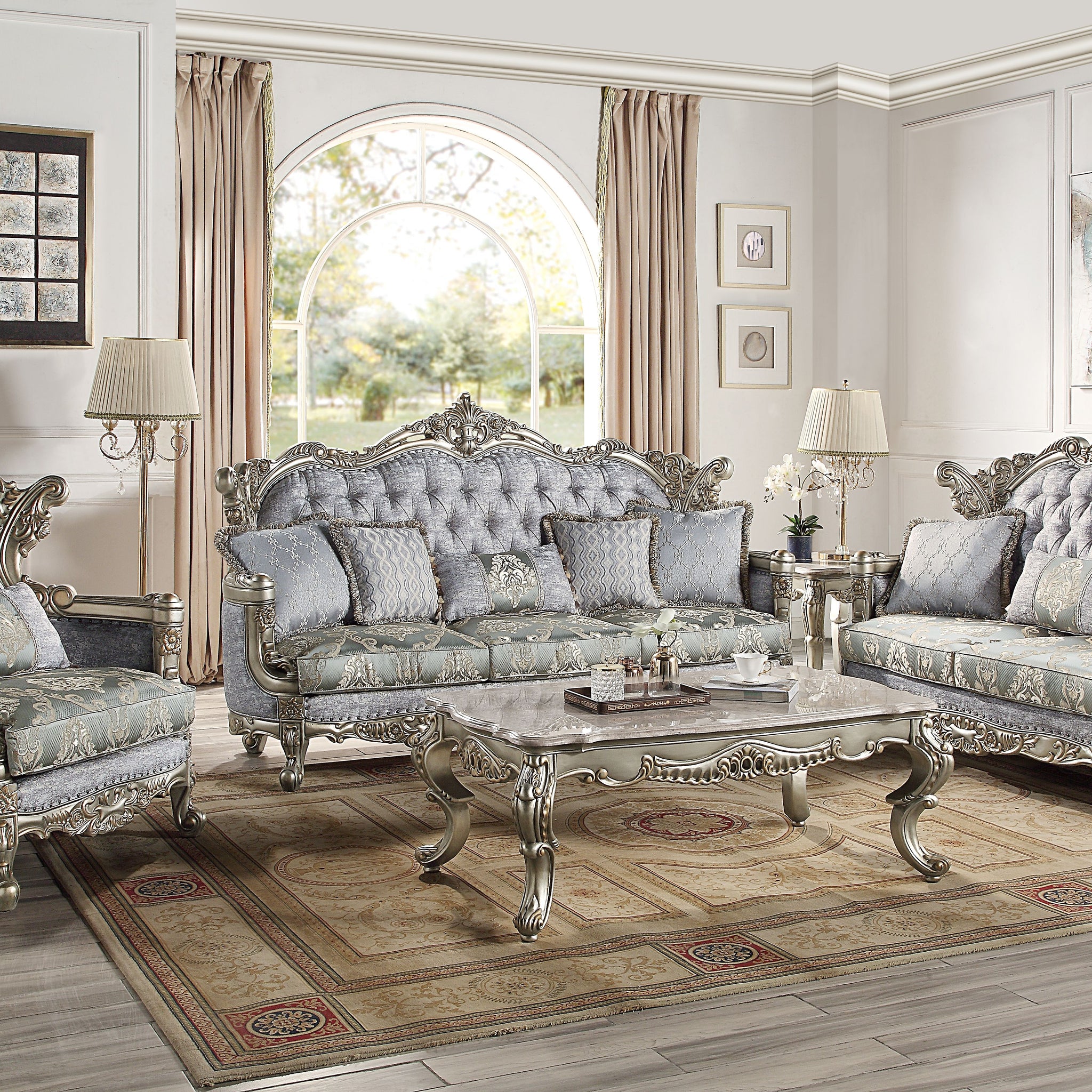 Miliani Sofa W 5 Pillows, Fabric & Antique Bronze Finish Lv01780 Antique Bronze Fabric