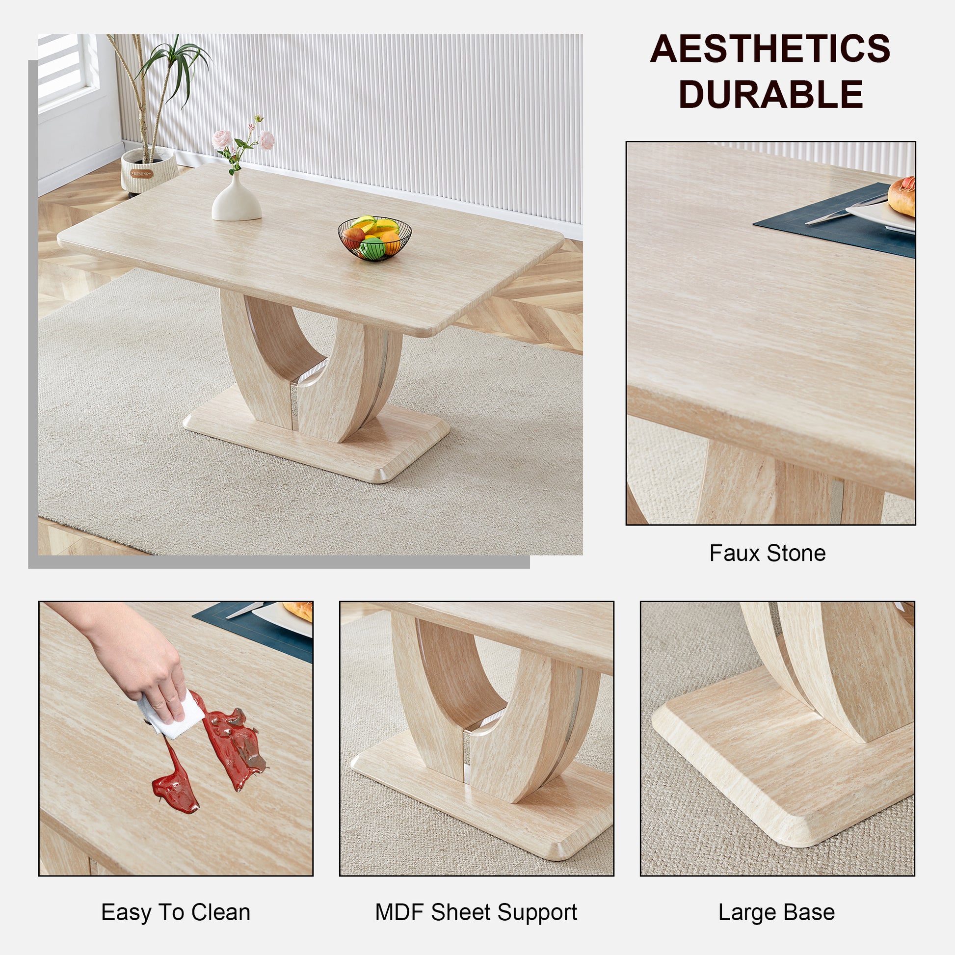 Modern Minimalist Luxury Mdf Rectangular Dining Table With Light Yellow Textured Stickers On The Table. Suitable For Restaurants, Living Rooms, Kitchens, And Study Rooms.F 1280 "63* "37* "30 Light Yellow Mdf