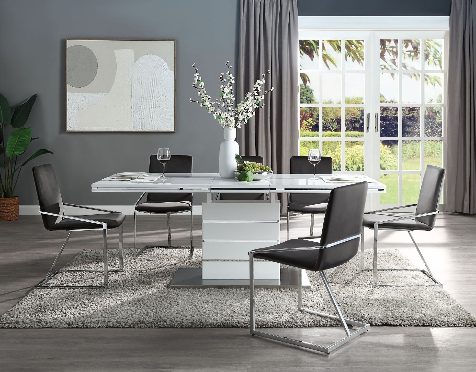 Kameryn Dining Table W Butterfly Leaf, White High Gloss Finish Dn02143 White Mdf Steel