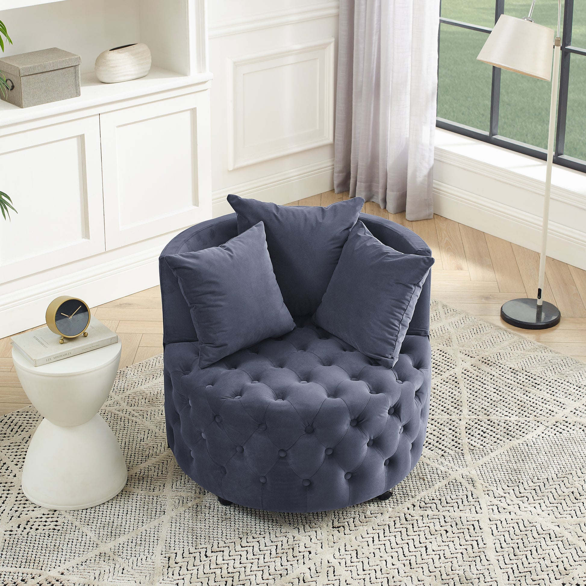 Velvet Upholstered Swivel Chair For Living Room, With Button Tufted Design And Movable Wheels, Including 3 Pillows, Grey Grey Foam