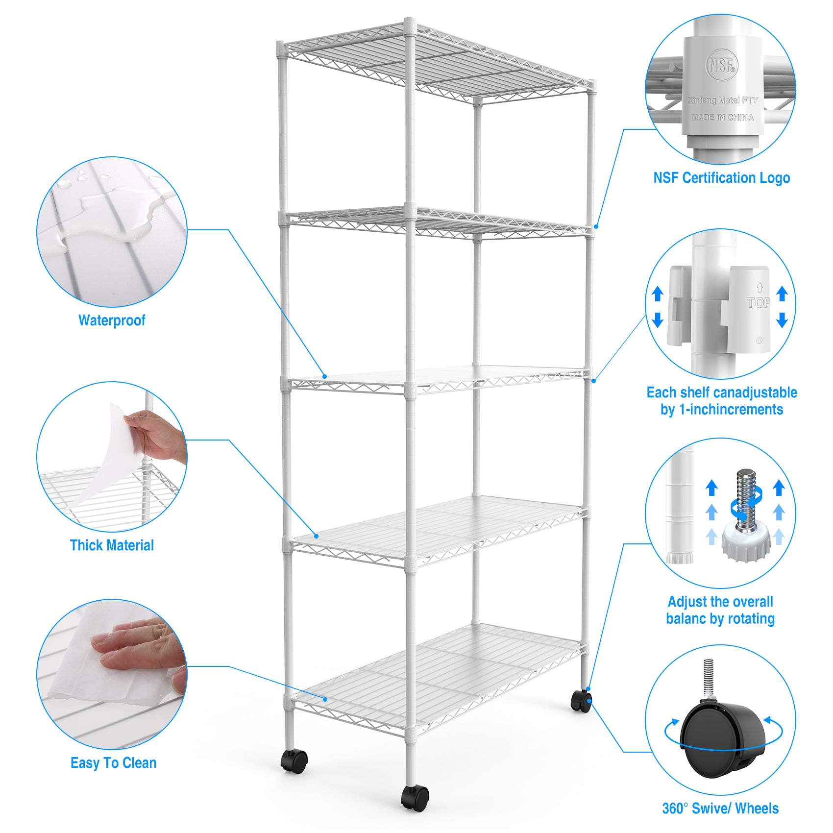 2 Pack 5 Tier Shelf Wire Shelving Unit, Nsf Heavy Duty Wire Shelf Metal Large Storage Shelves Height Adjustable Utility For Garage Kitchen Office Commercial Shelving Steel Layer Shelf White White Iron Plastic