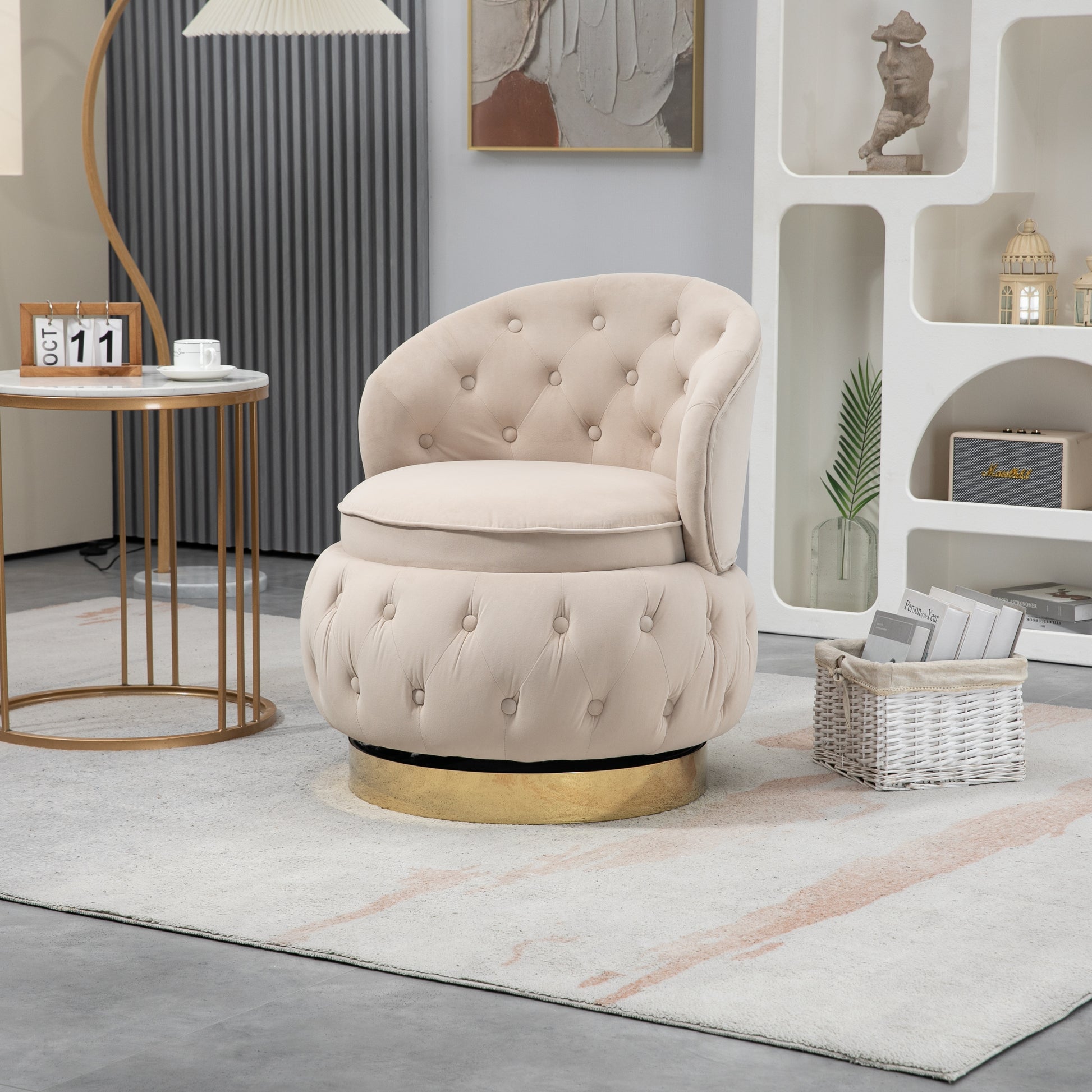360 Degree Swivel Cuddle Barrel Accent Storage Chairs, Round Armchairs With Wide Upholstered, Fluffy Velvet Fabric Chair For Living Room, Bedroom, Office, Waiting Rooms Beige Primary Living Space Foam Velvet