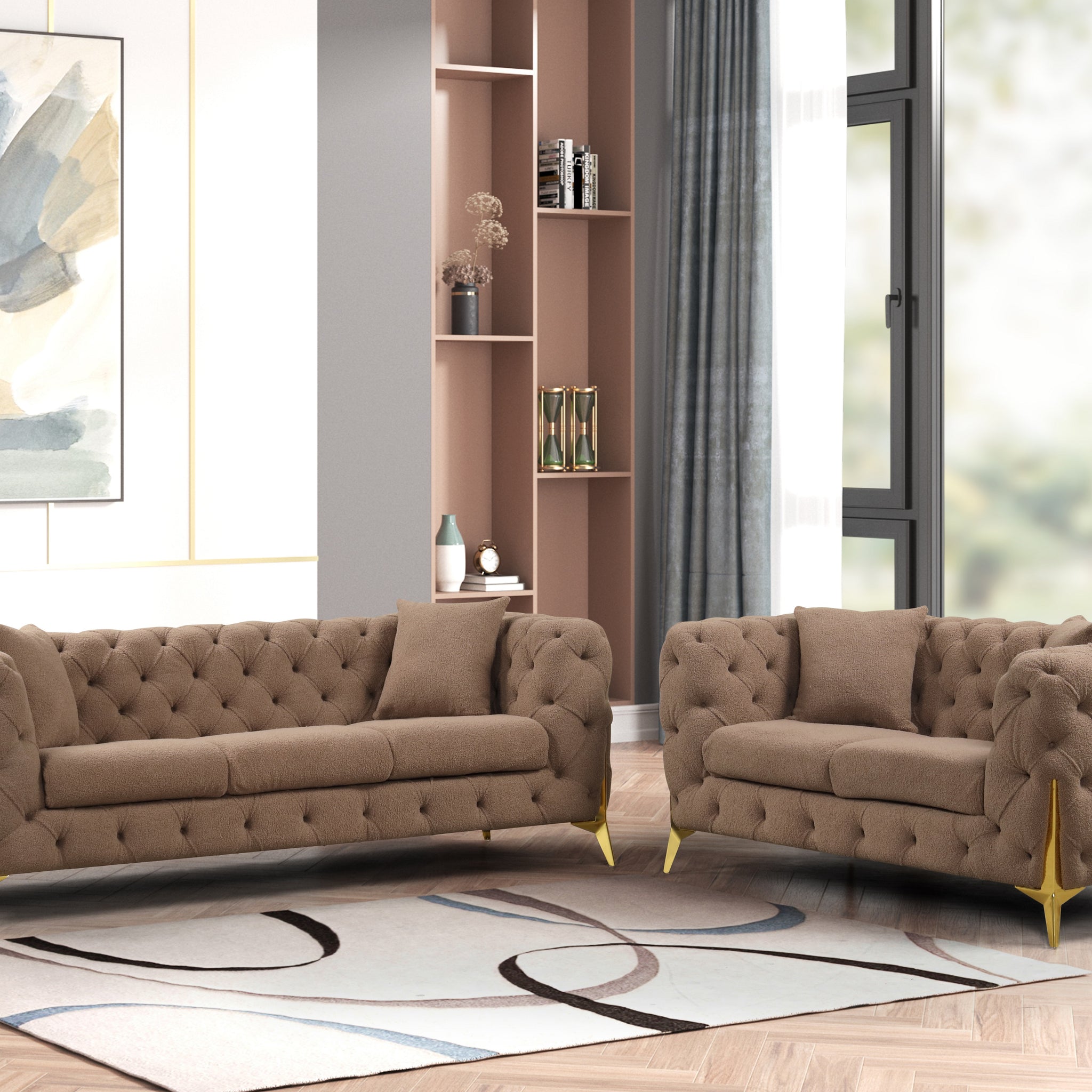 Contempo 2Pc Modern Buckle Fabric Living Room Set Made With Wood In Brown Brown Wood Primary Living Space Contemporary Faux Fur Wood