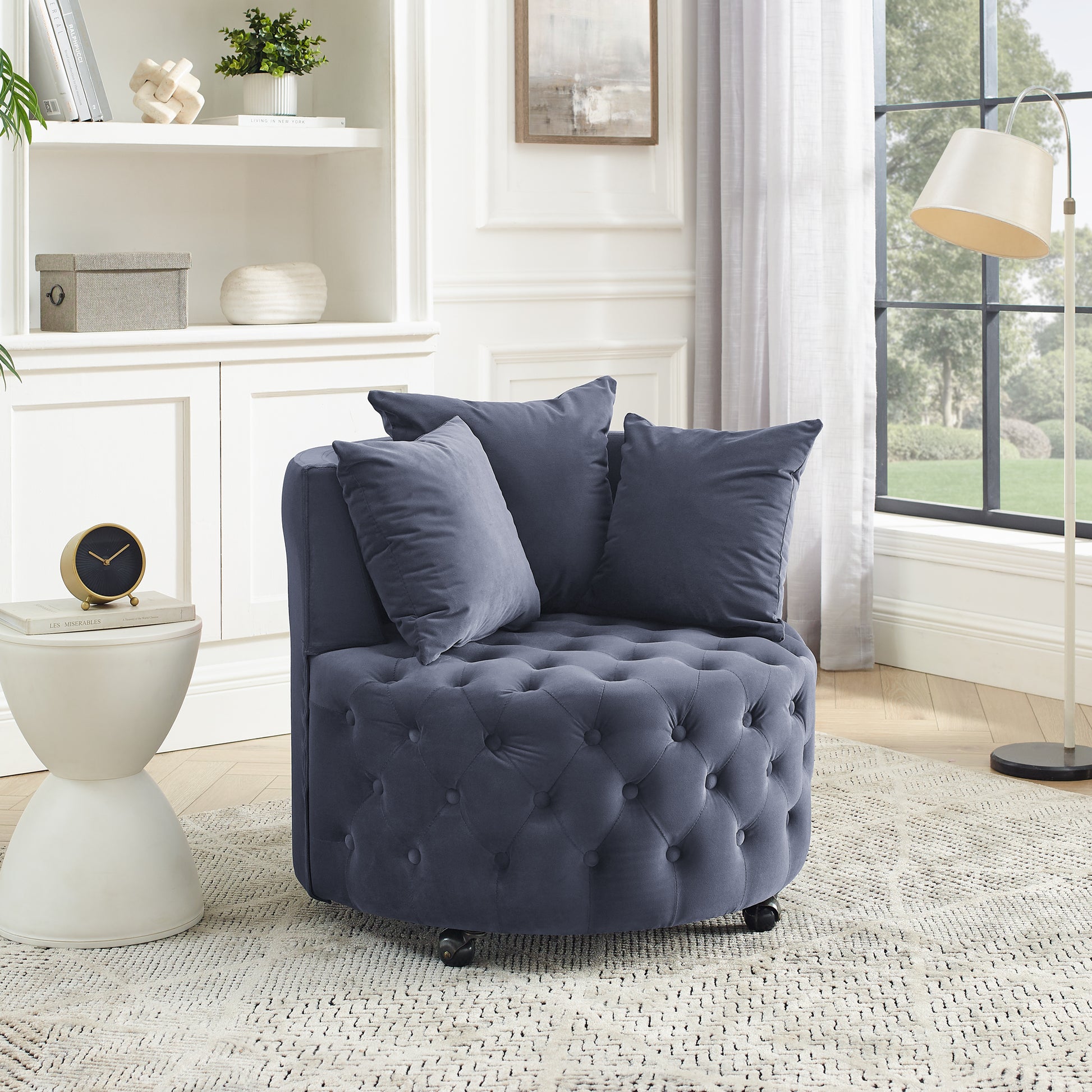 Velvet Upholstered Swivel Chair For Living Room, With Button Tufted Design And Movable Wheels, Including 3 Pillows, Grey Grey Foam