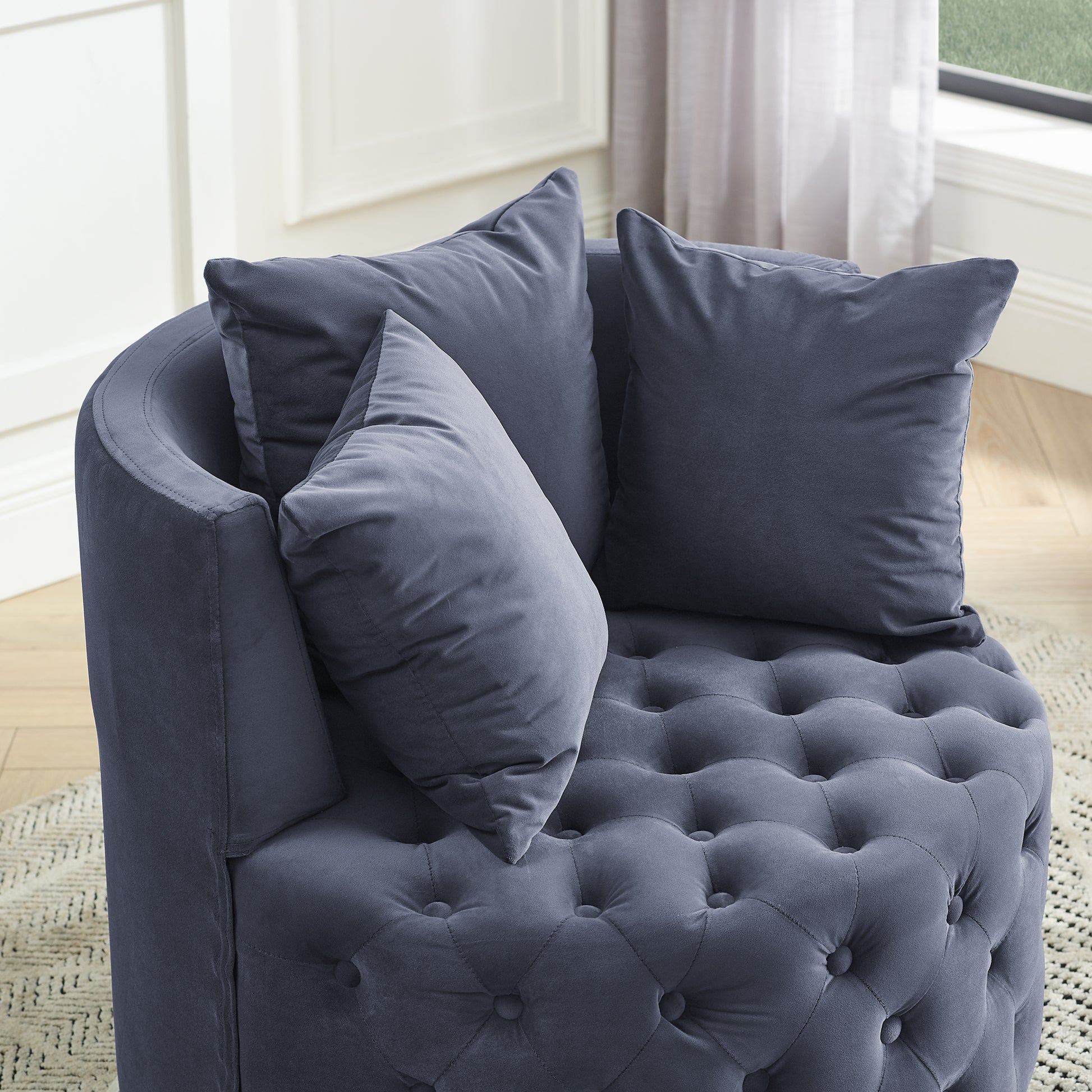 Velvet Upholstered Swivel Chair For Living Room, With Button Tufted Design And Movable Wheels, Including 3 Pillows, Grey Grey Foam