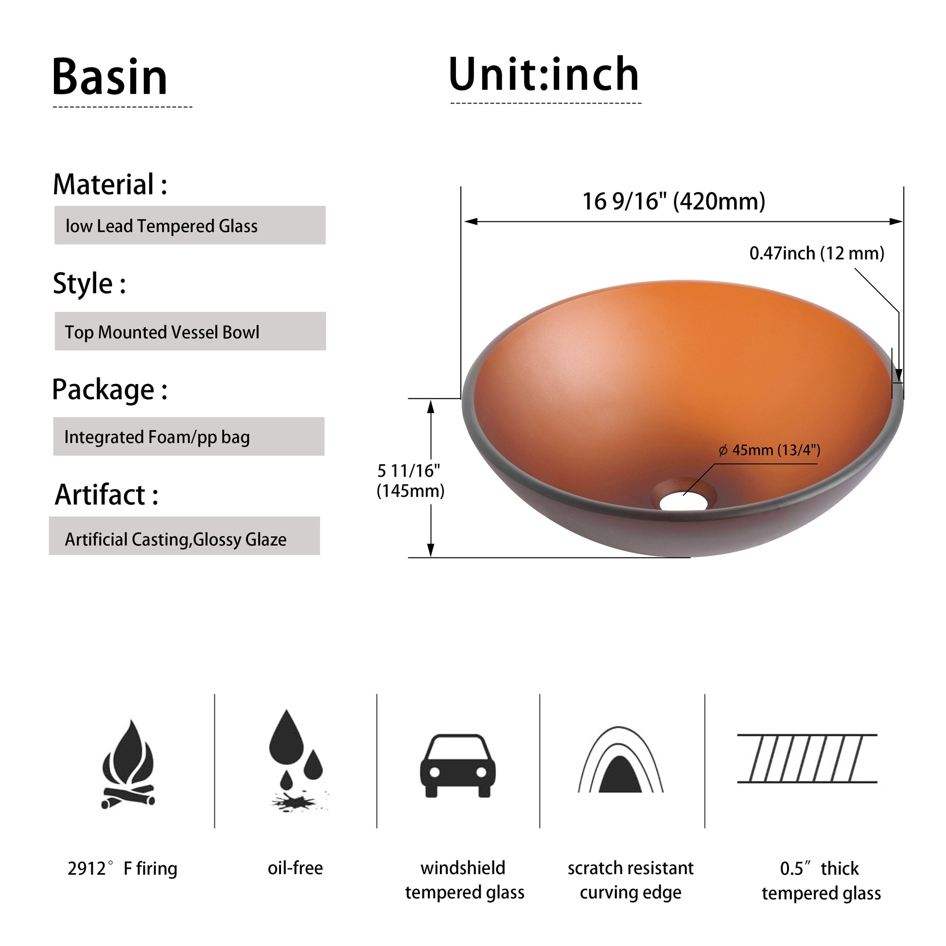 Tempered Glass Matte Bathroom Vessel Sink, Round Bathroom Basin Tempered Glass Matt Tea Brown Bathroom Modern Glass
